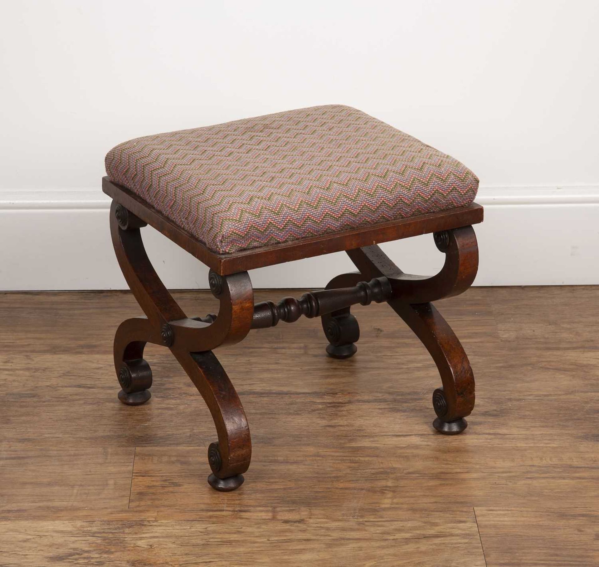 Mahogany 'X' frame stool 19th Century, with tapestry cover, 36cm x 40cm x 41cm highSome wear, marks,