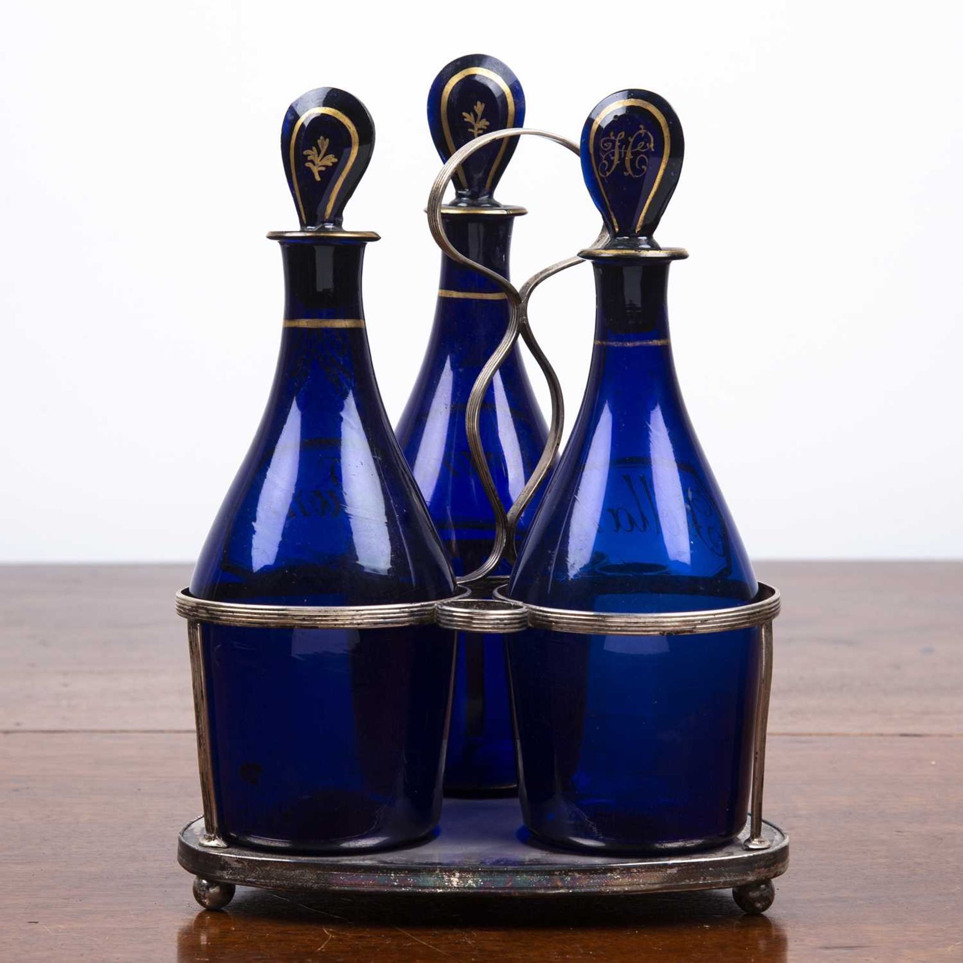 Set of three Bristol blue decanters on silver plated stand late 18th/early 19th Century, the glass - Image 2 of 2