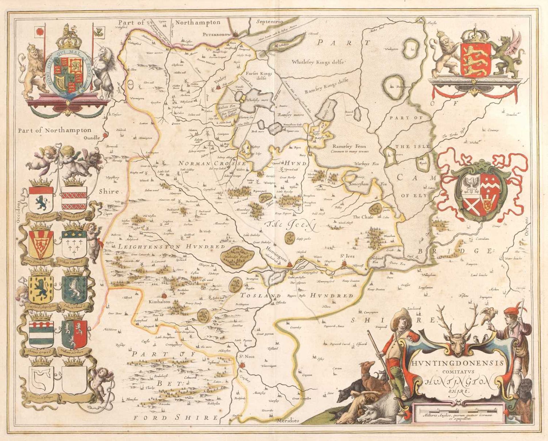 Antiquarian map Jan Jansson (Cartographer) of Huntingdonshire originally published in 1647, German