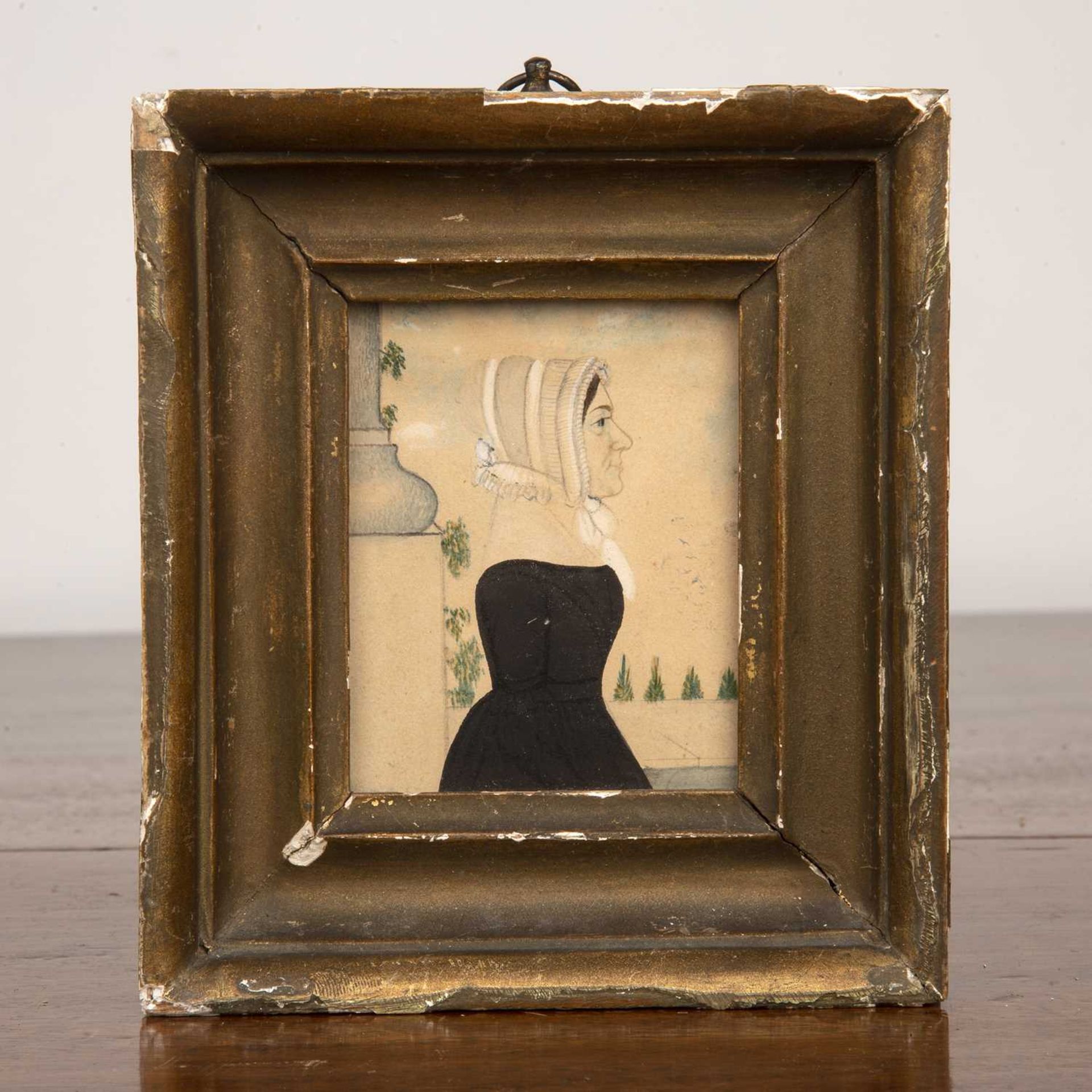 Miniature pen, ink and watercolour naive portrait of a lady 19th Century, in a gilt frame, marked to - Image 2 of 3