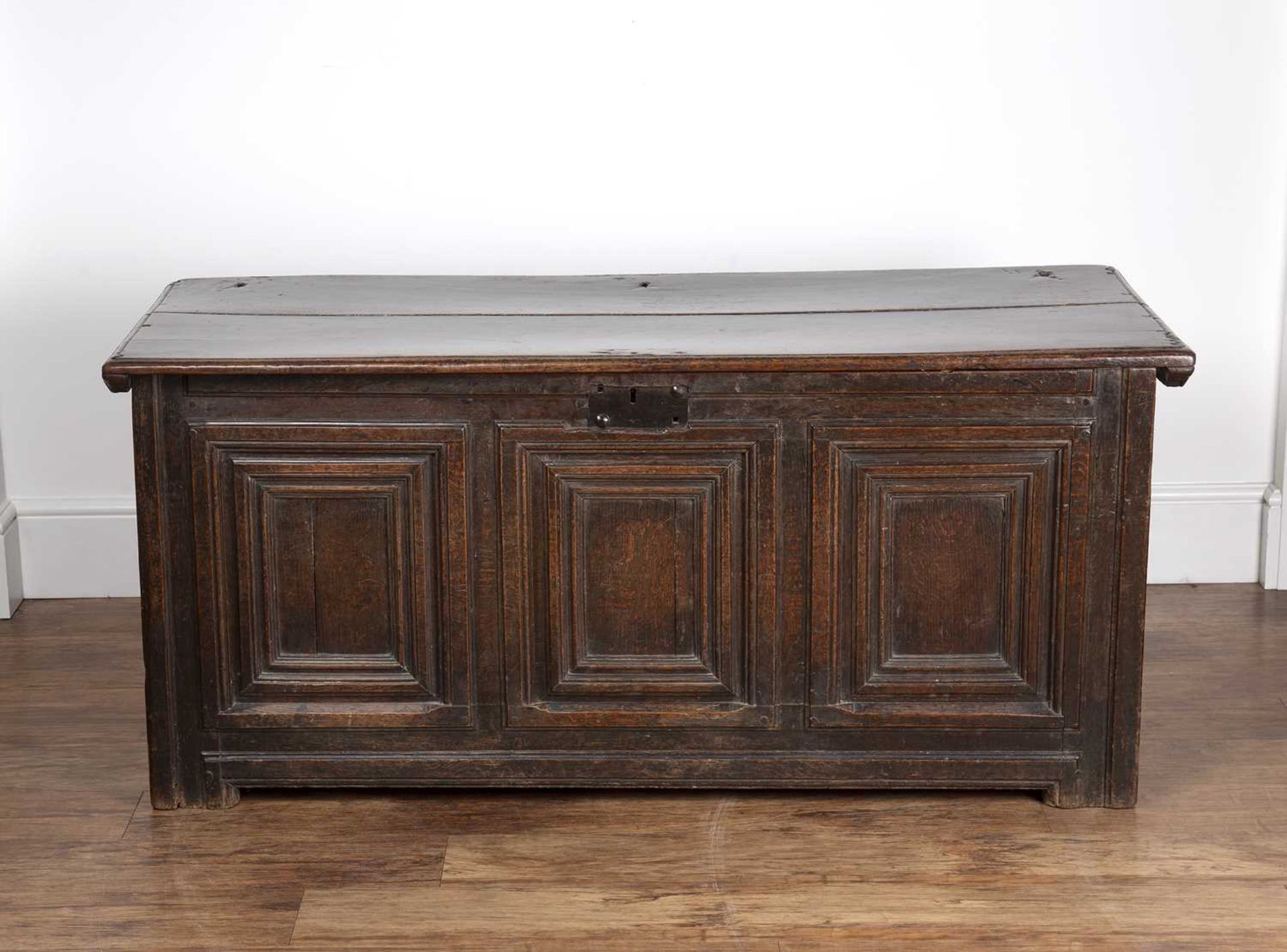 Oak moulded front coffer 17th Century, with three panels to the front and plain lift up top, 140cm x