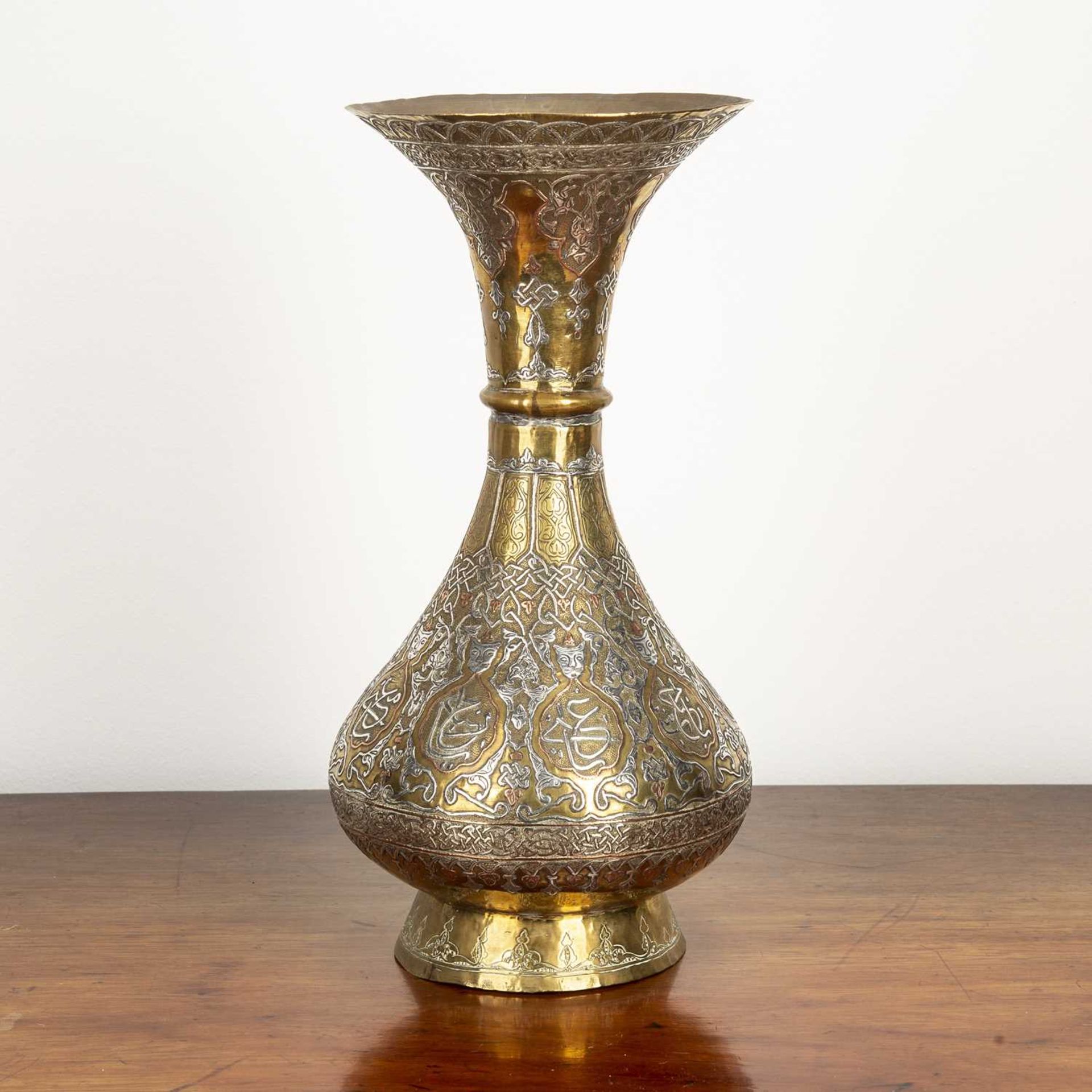 Silver inlay brass vase Iranian, decorated with figures and calligraphy, 34cm highAt present, - Bild 2 aus 2