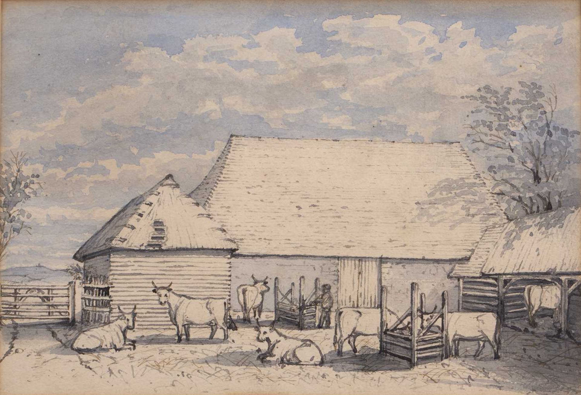 J Price of Dulford (fl 1850-1880) A farmyard scene, pen, ink and watercolour wash, 17cm x 25cm,