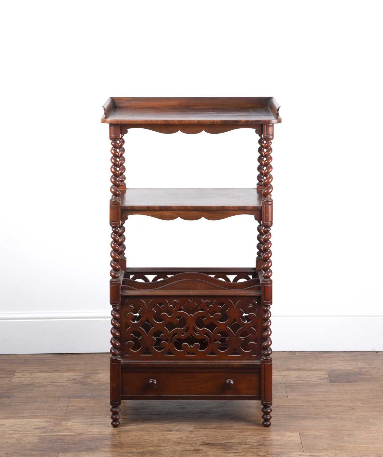 Mahogany etagere 19th Century, with spiral twist columns and fitted drawer to the base, 60cm wide - Image 2 of 5