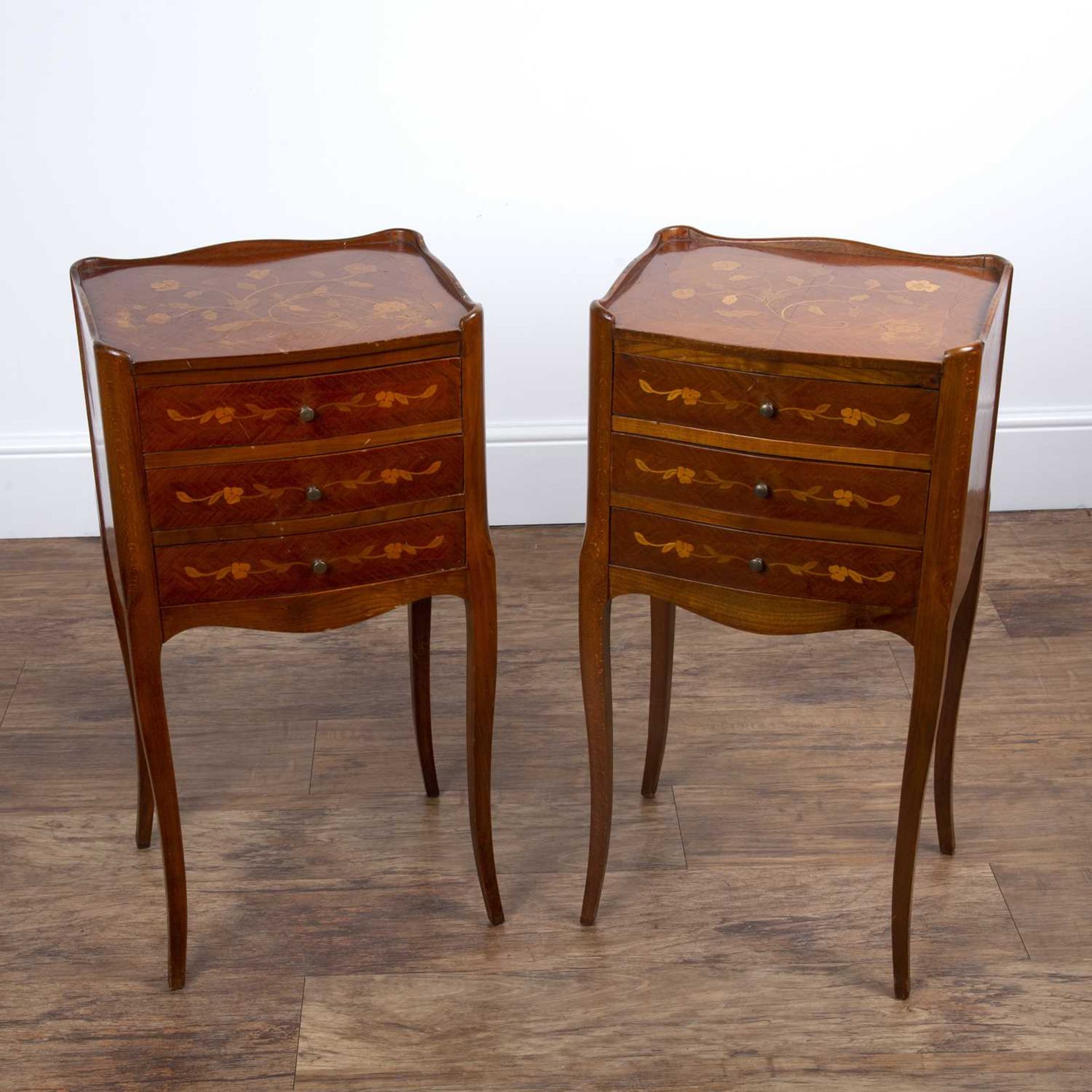 Pair of marquetry bedside table cabinets French style, each fitted with three drawers, 37cm wide x - Image 2 of 5