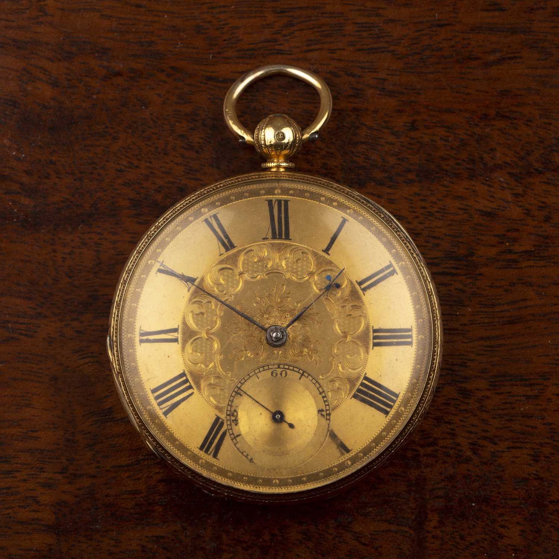 Victorian 18ct gold cased pocket watch the gilded engraved dial with black painted Roman numeral and