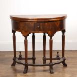 Quarter veneered walnut demi-lune card table Queen Anne style with inset baize on turned support and