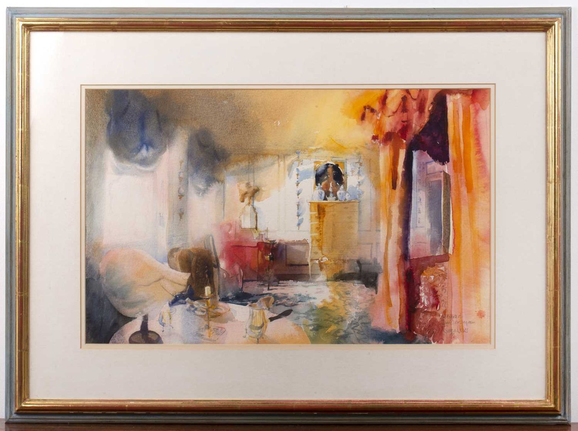 Simon Jones (Contemporary) '18 Folgate Street, Jarvis's dressing room', watercolour, signed and - Image 2 of 3