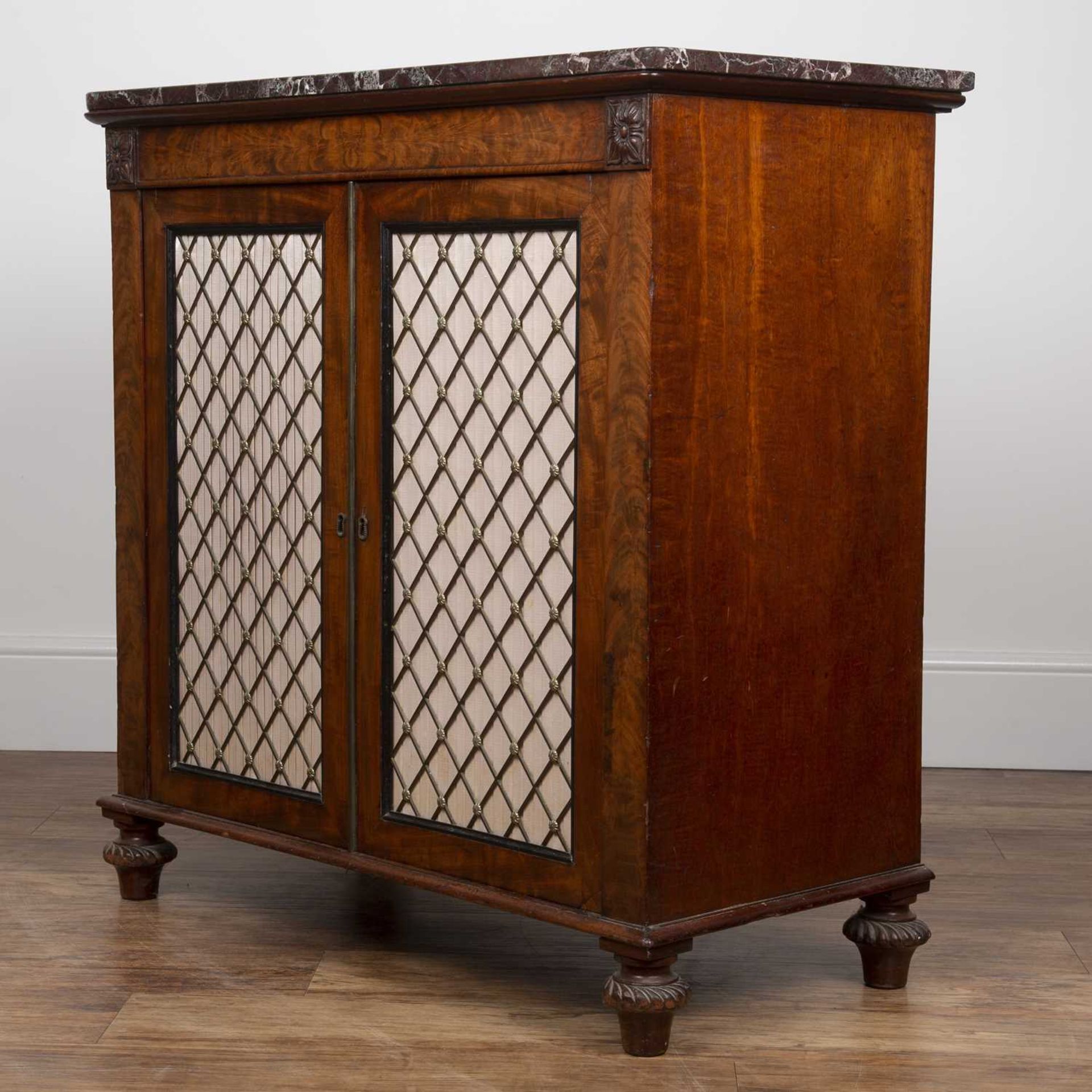 Mahogany and marble top side cabinet 19th Century, with enclosed brass grille doors and carved - Image 4 of 6