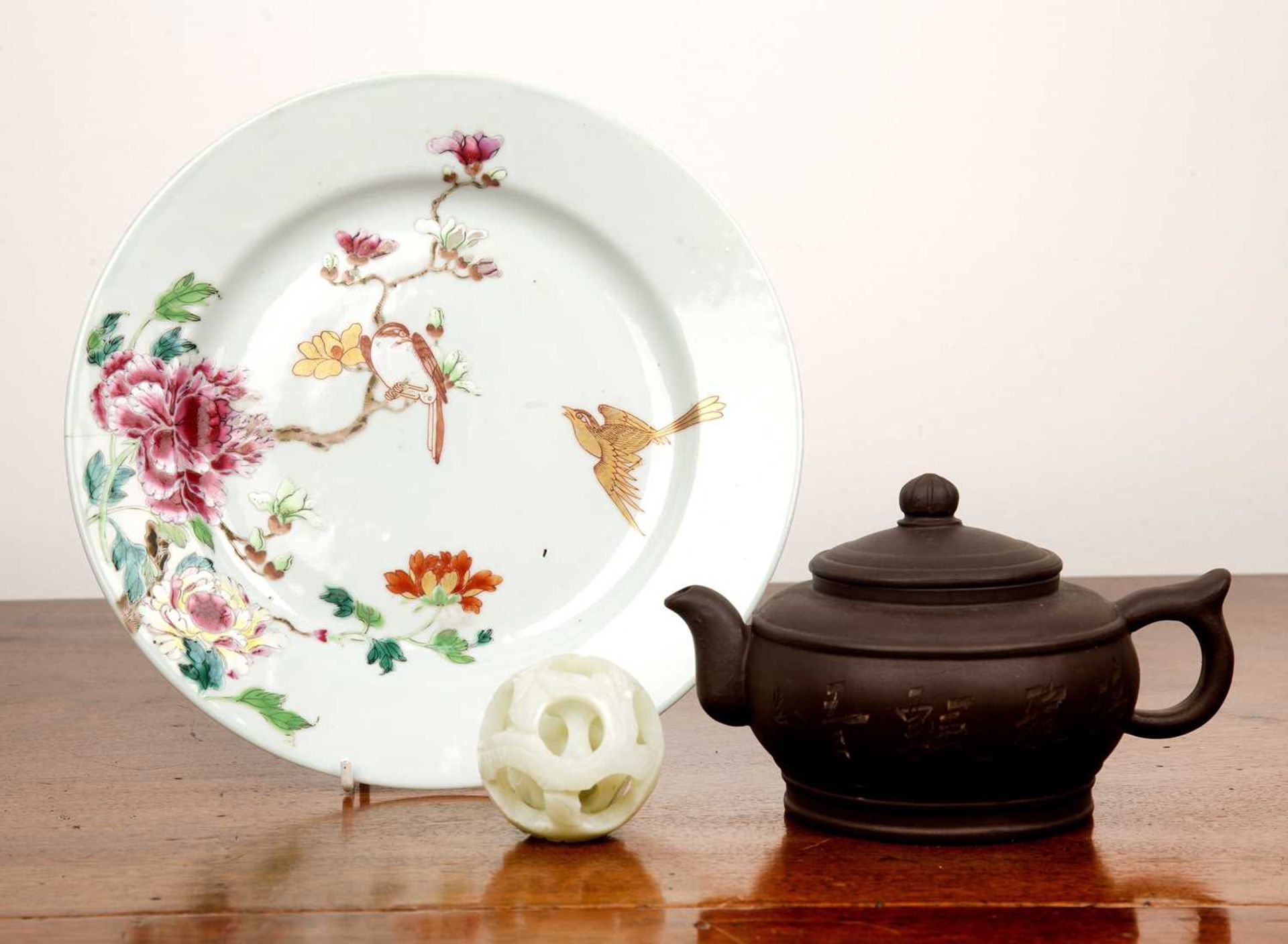 Yixing teapot Chinese, with seal mark, 17cm, an 18th-century Chinese famille rose plate, 23cm and,