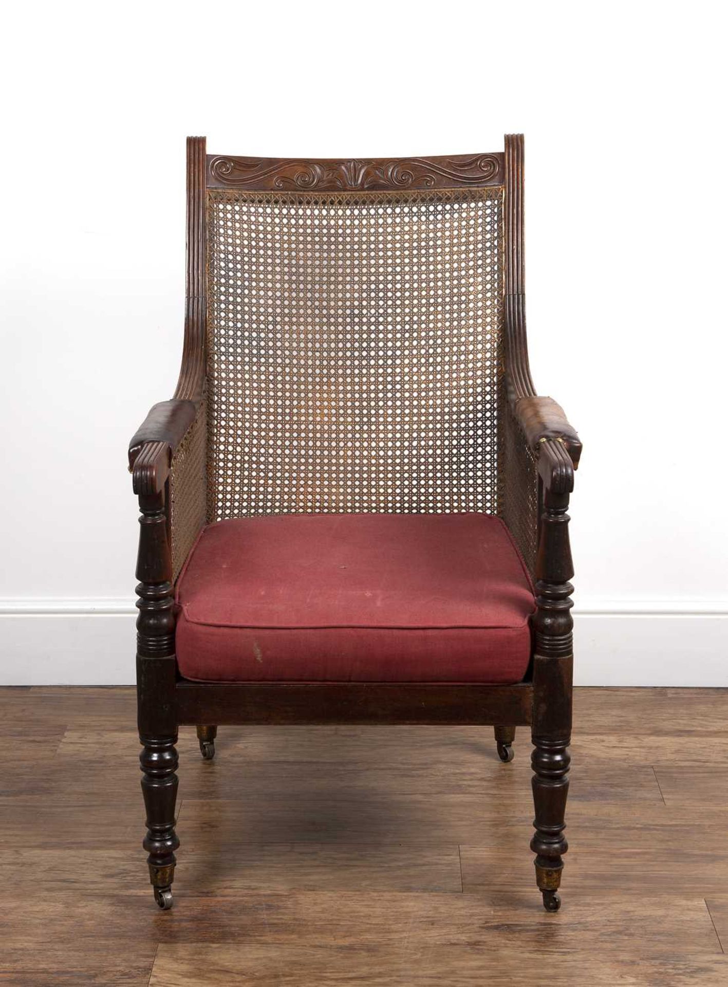 Mahogany Bergere library chair 19th Century, with leather and brass studded armrests with cane to - Bild 2 aus 4