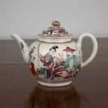 Porcelain teapot, probably Worcester circa 1770, painted with Chinese figures and with a flower