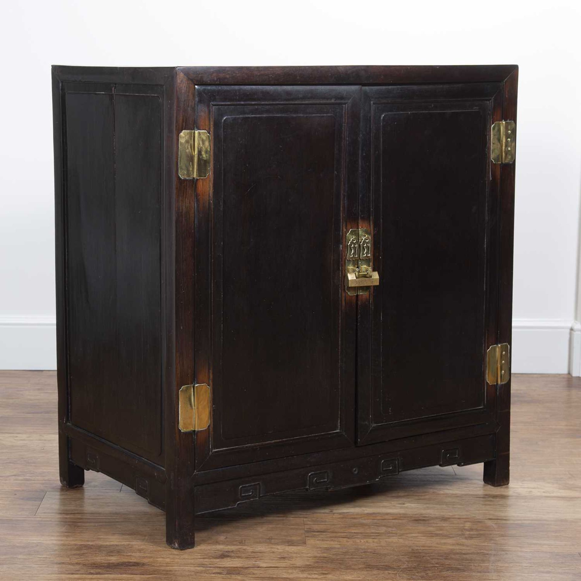 Zitan wood cabinet Chinese, 19th Century, with plain panel doors and with brass locks, 90cm wide x - Image 2 of 7