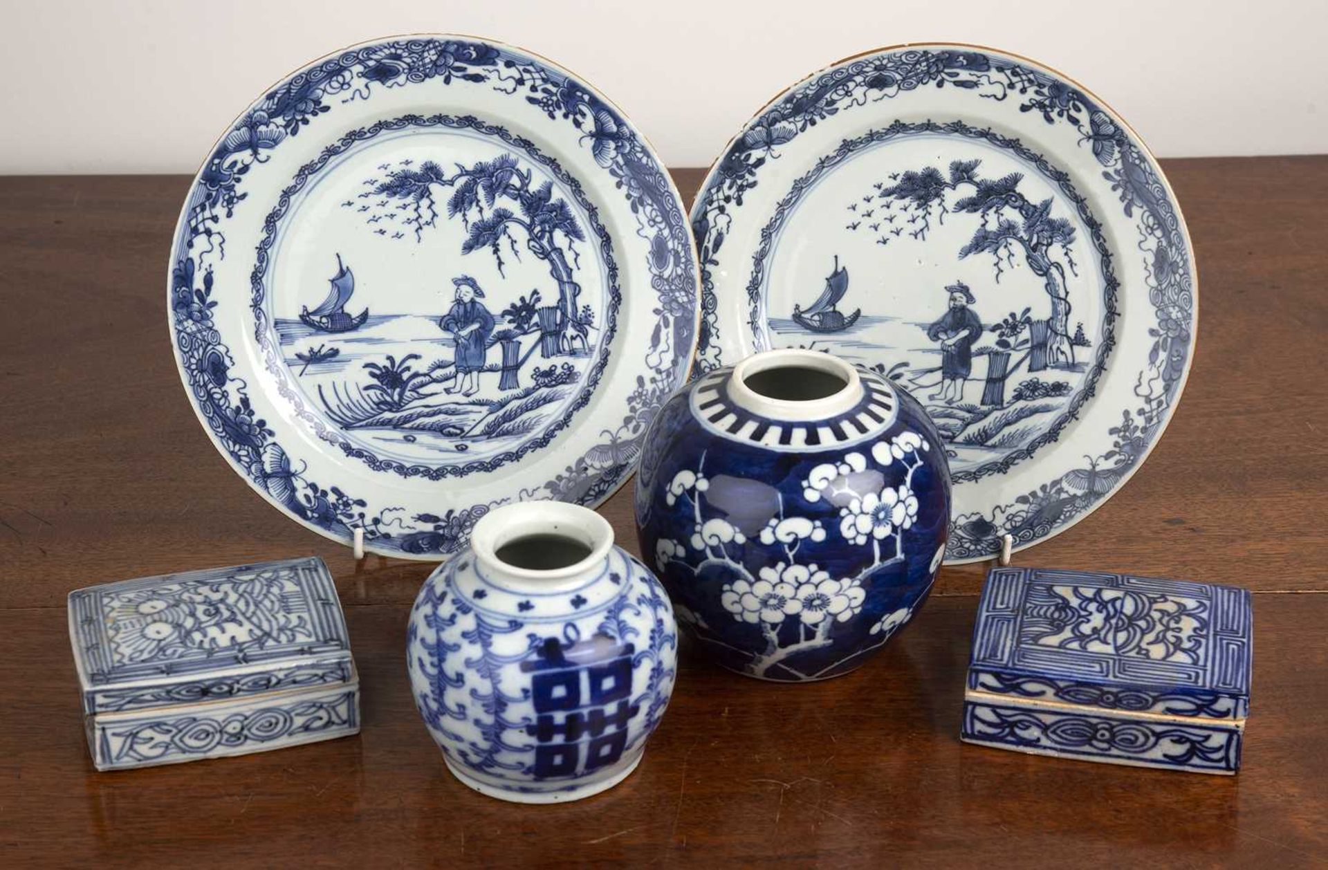 Group of blue and white porcelain Chinese, 19th Century, including a ginger jar decorated with