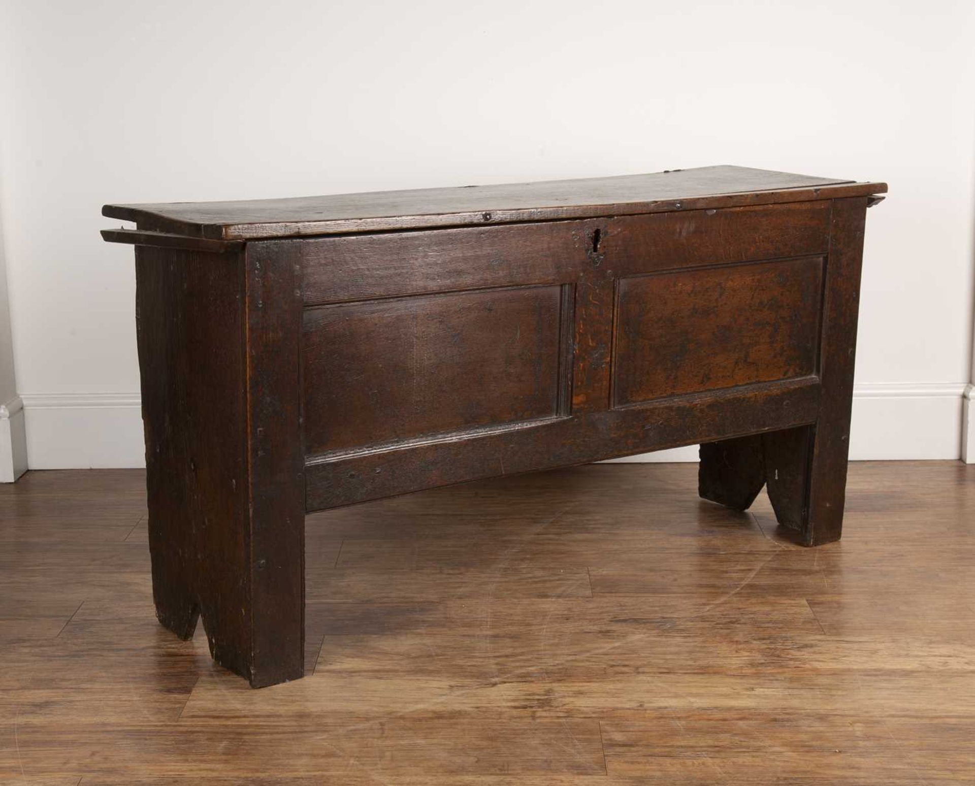 Oak coffer late 17th Century, with a plain double panel front and with iron hinges, 132.5cm wide x - Bild 2 aus 5
