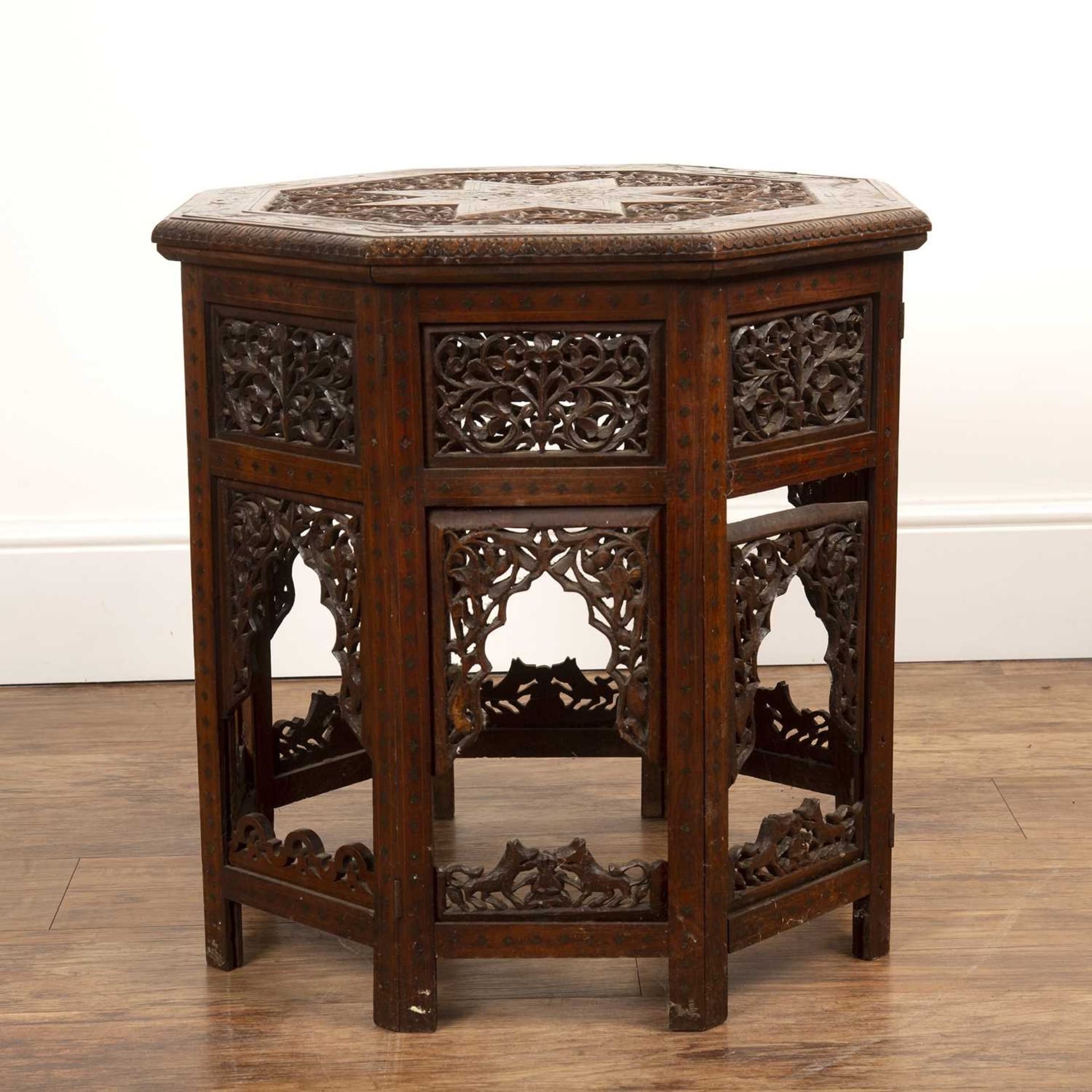 Octagonal occasional table Indian, circa 1900, with octagonal top with brass inlay of foliate - Image 2 of 3