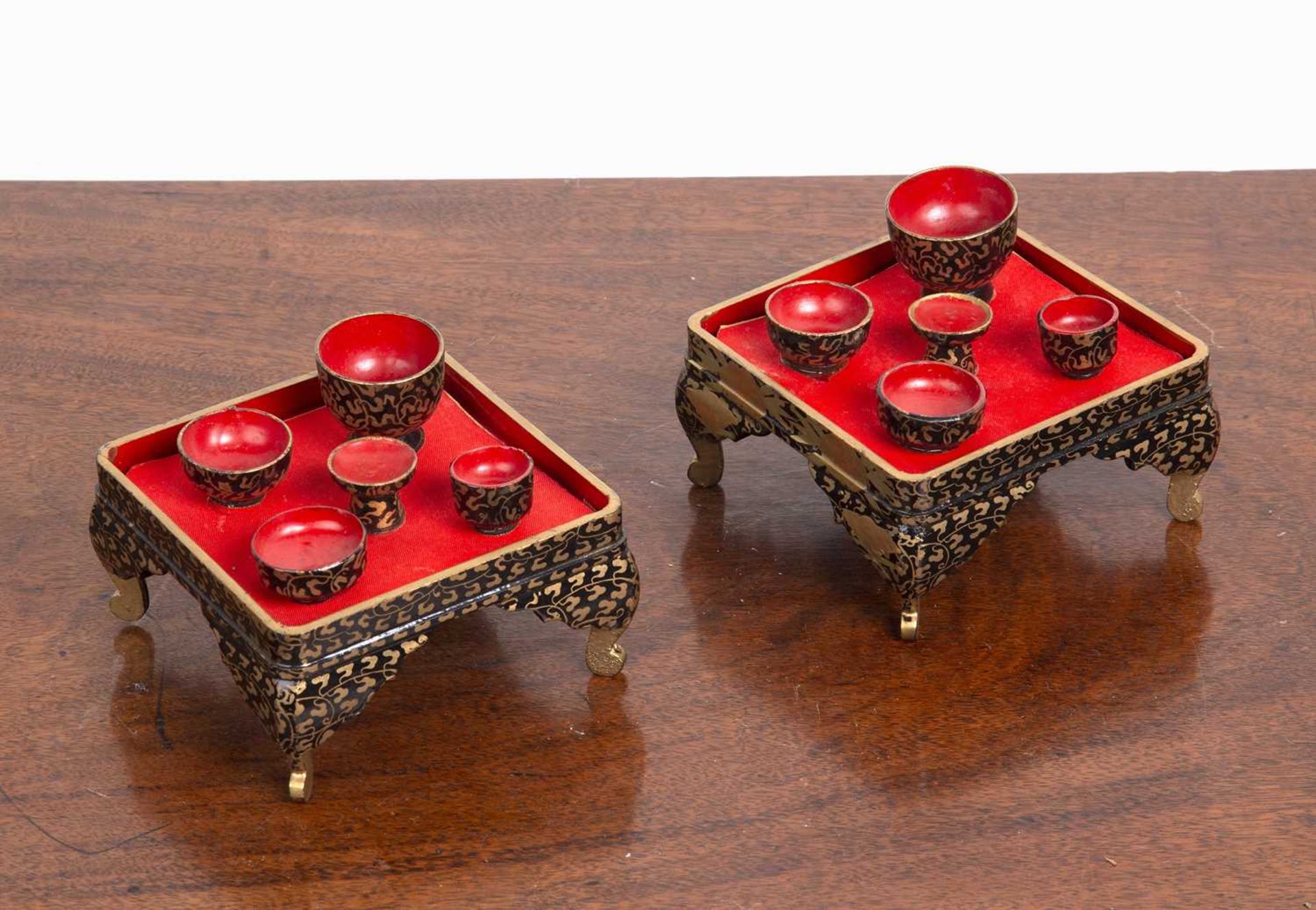 Two Japanese Hina dolls house painted tea sets on stands in original pine box, with painted and - Image 2 of 6