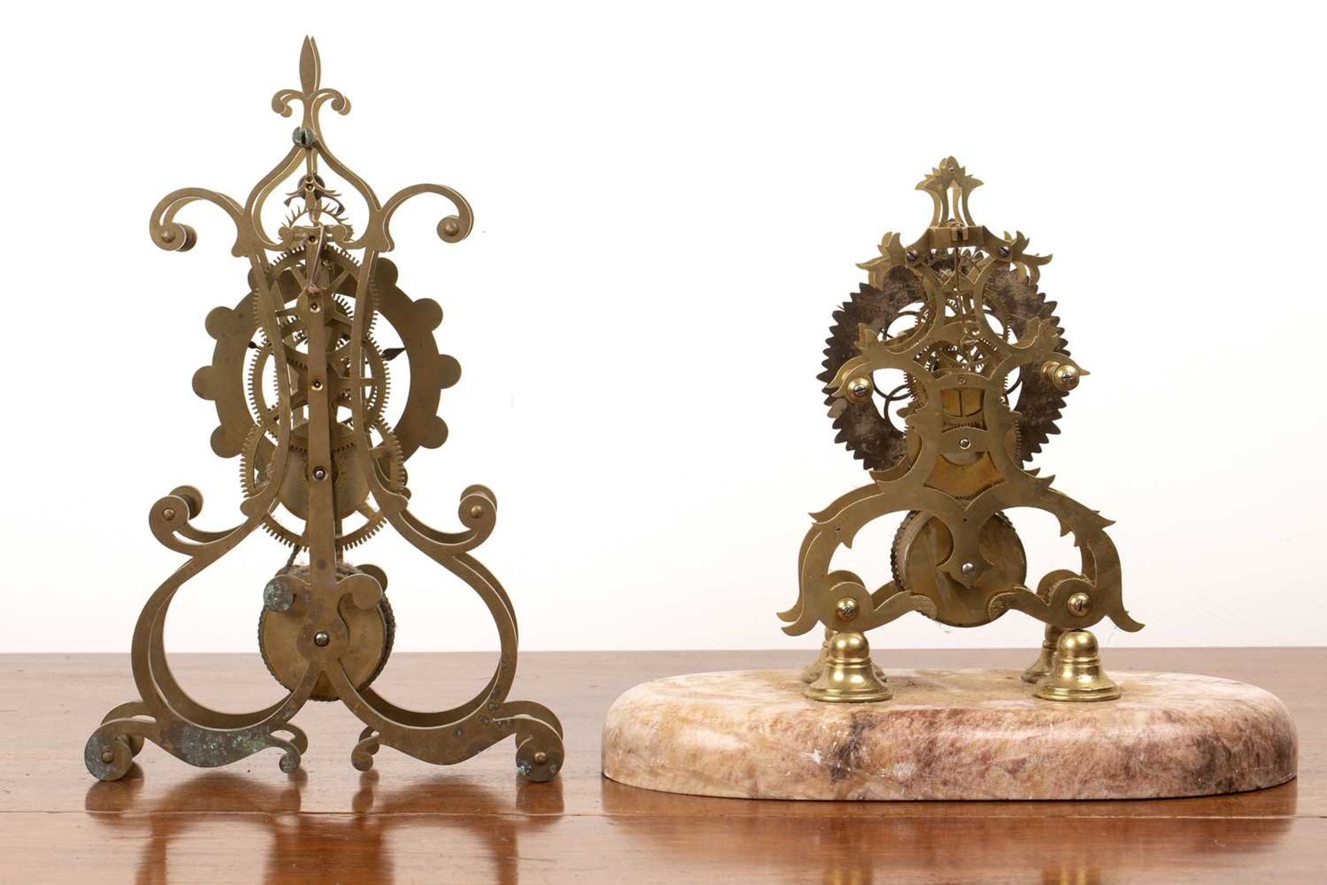 Two skeleton clocks one on an oval marble base, each with a fusee movement, 34cm and 24.5cm highNo - Image 2 of 6