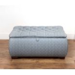 Large contemporary blue button upholstered ottoman with a lift up cover, 110cm wide x 72cm deep x