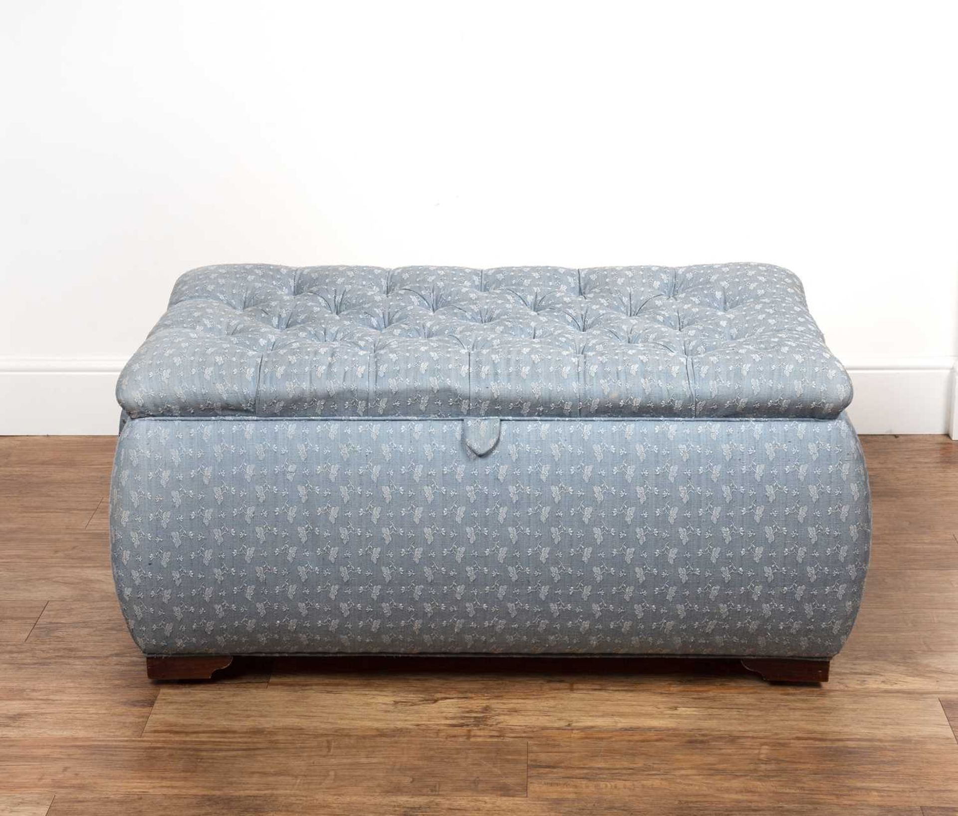 Large contemporary blue button upholstered ottoman with a lift up cover, 110cm wide x 72cm deep x