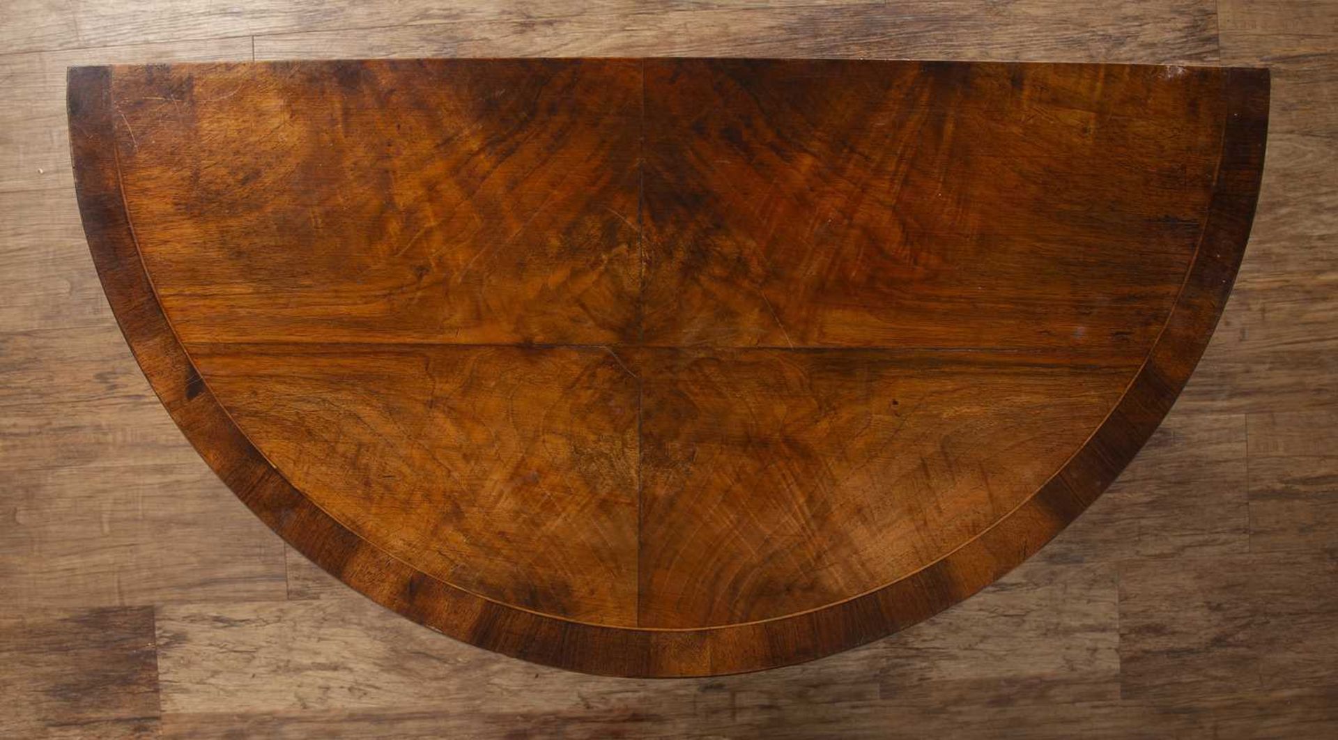 Quarter veneered walnut demi-lune card table Queen Anne style with inset baize on turned support and - Image 6 of 6