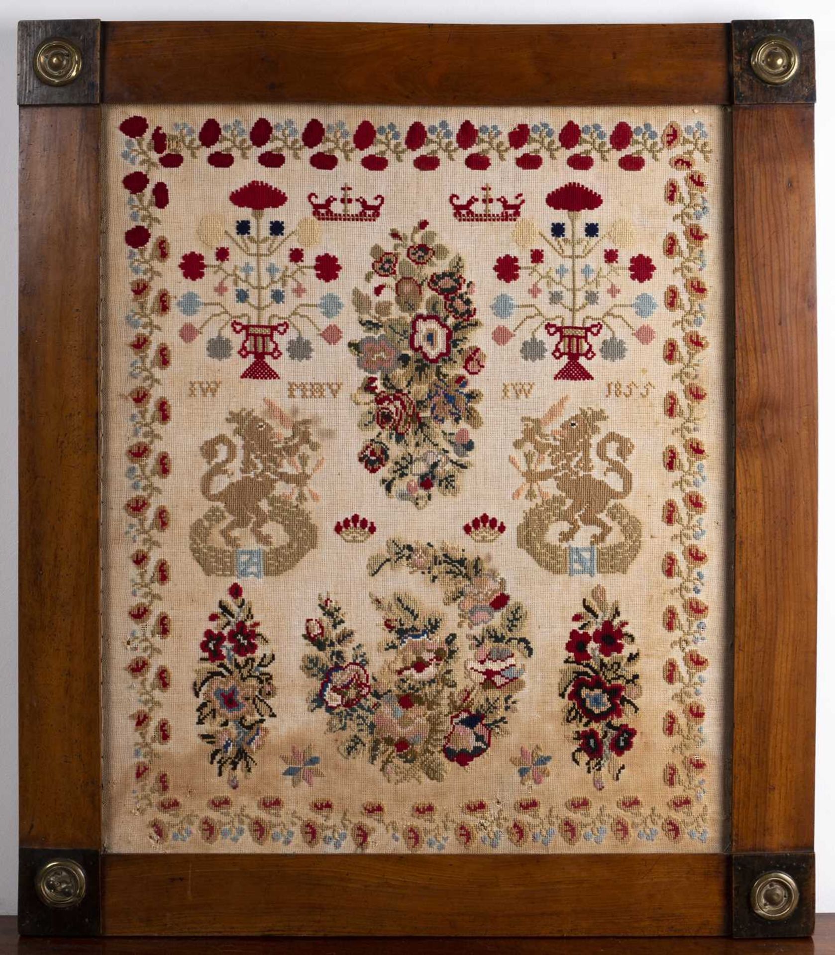 19th Century Dutch needlework sampler decorated with flowers, dogs and lions, dated 1855, with - Image 2 of 3