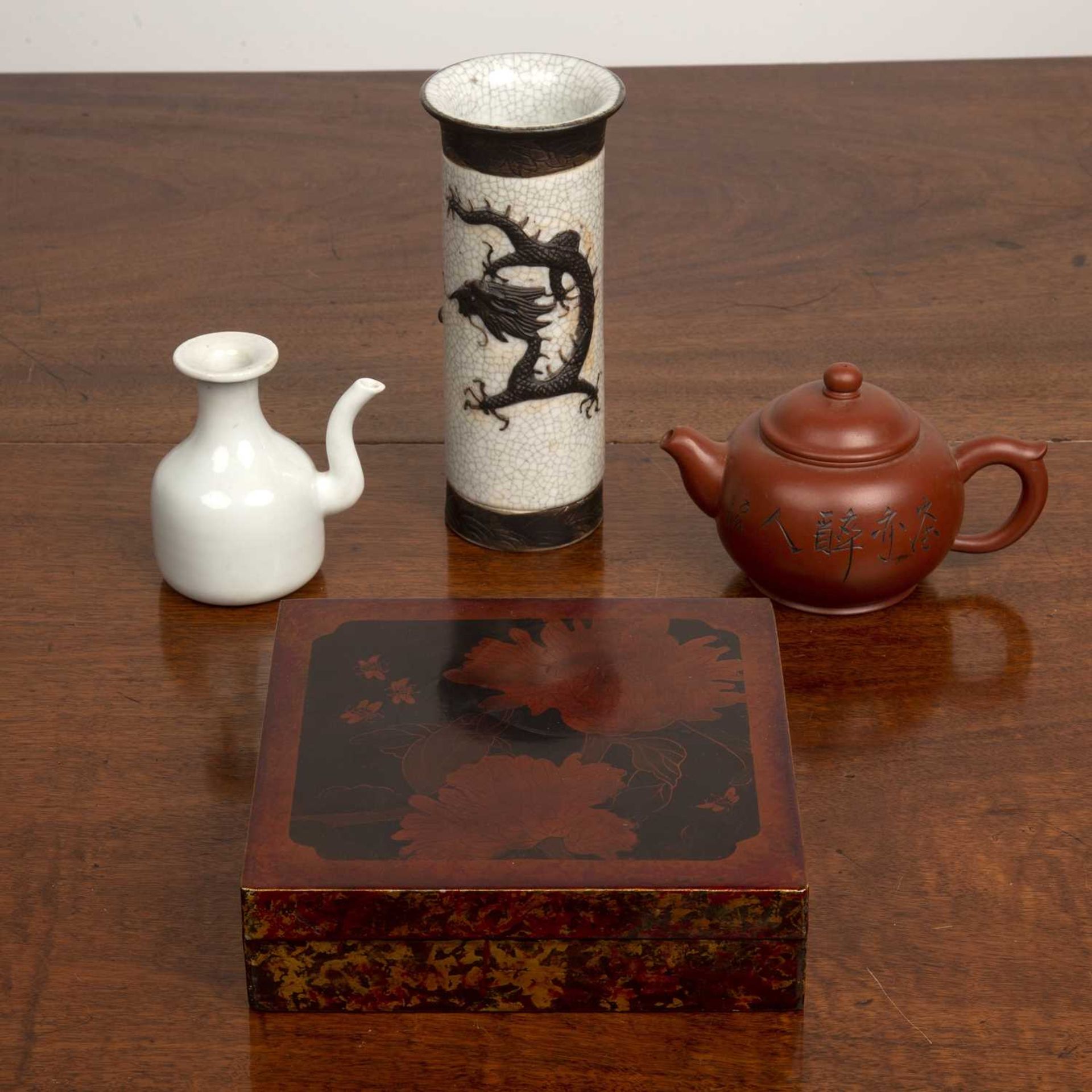 Group of pieces including a Chinese crackleware spill vase with a dragon and flaming pearl, 20.