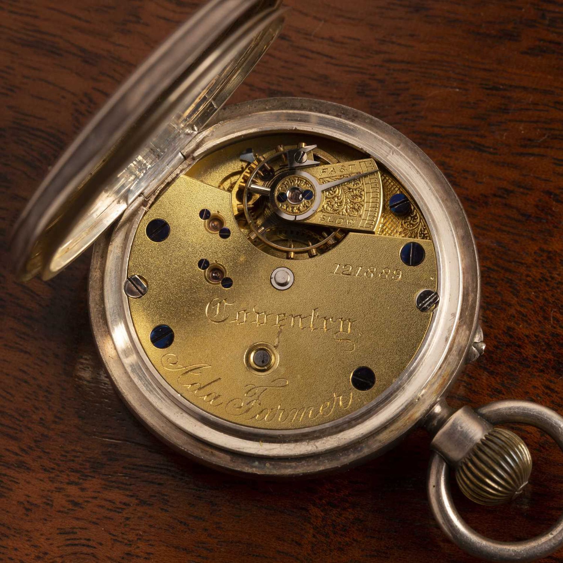 Silver open pocket watch or fob watch the silvered dial with gilded Roman numerals, bearing marks - Bild 2 aus 3