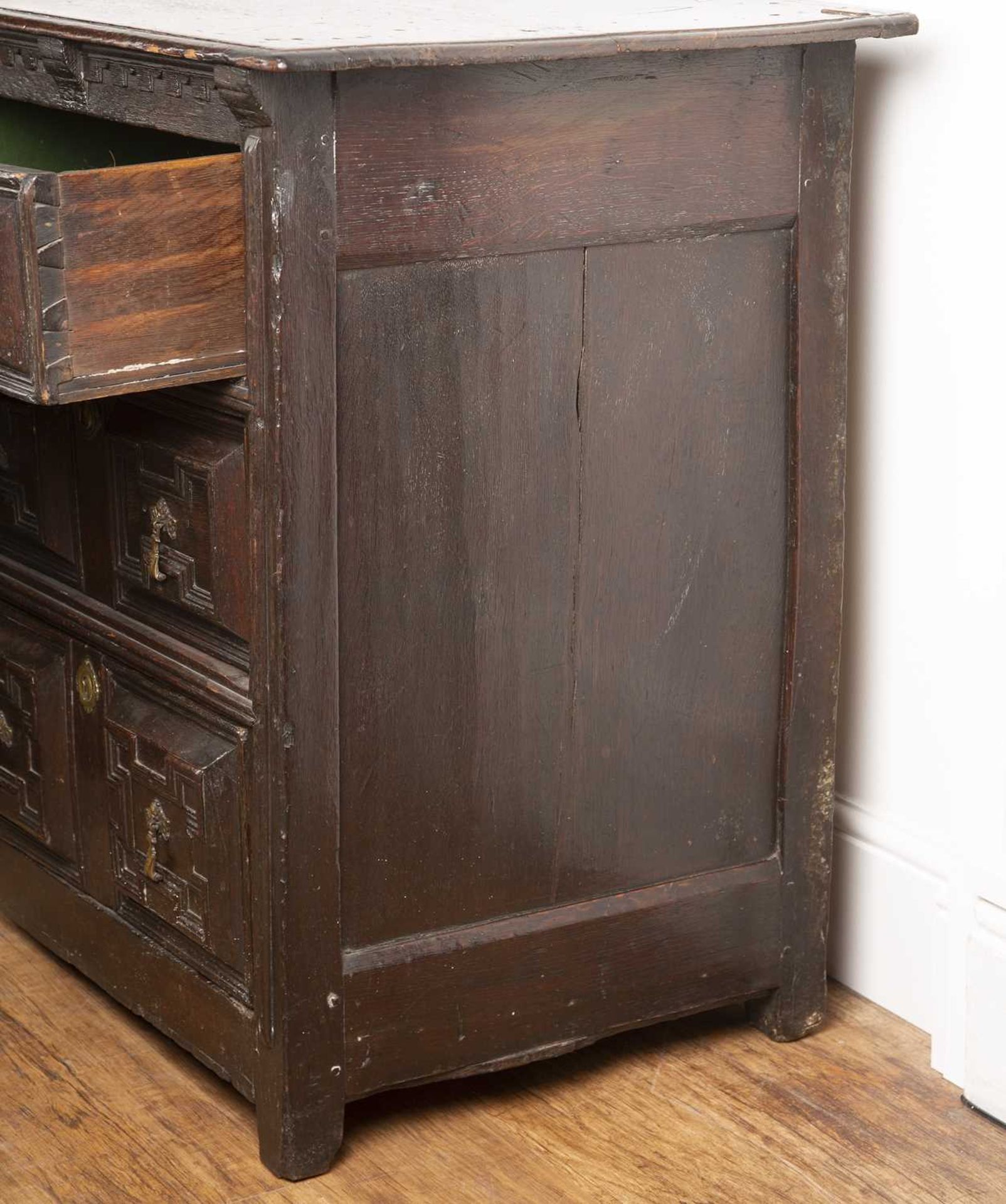 Moulded front dresser 17th/18th Century, fitted drawers and a central cupboard, with old brass - Image 3 of 5