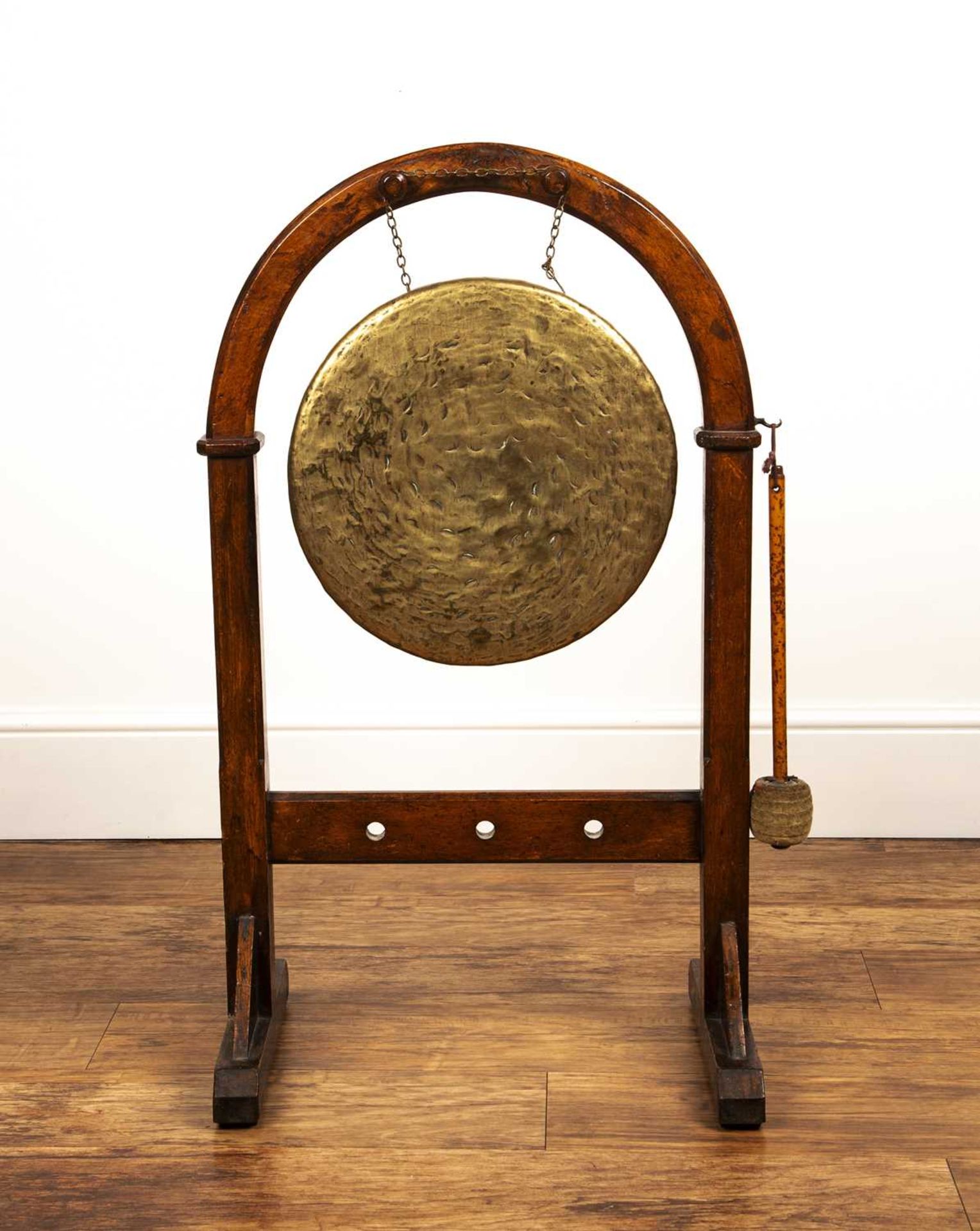 Gothic oak gong and stand 19th Century, 90cm high overall, 49cm acrossWith some old repairs,