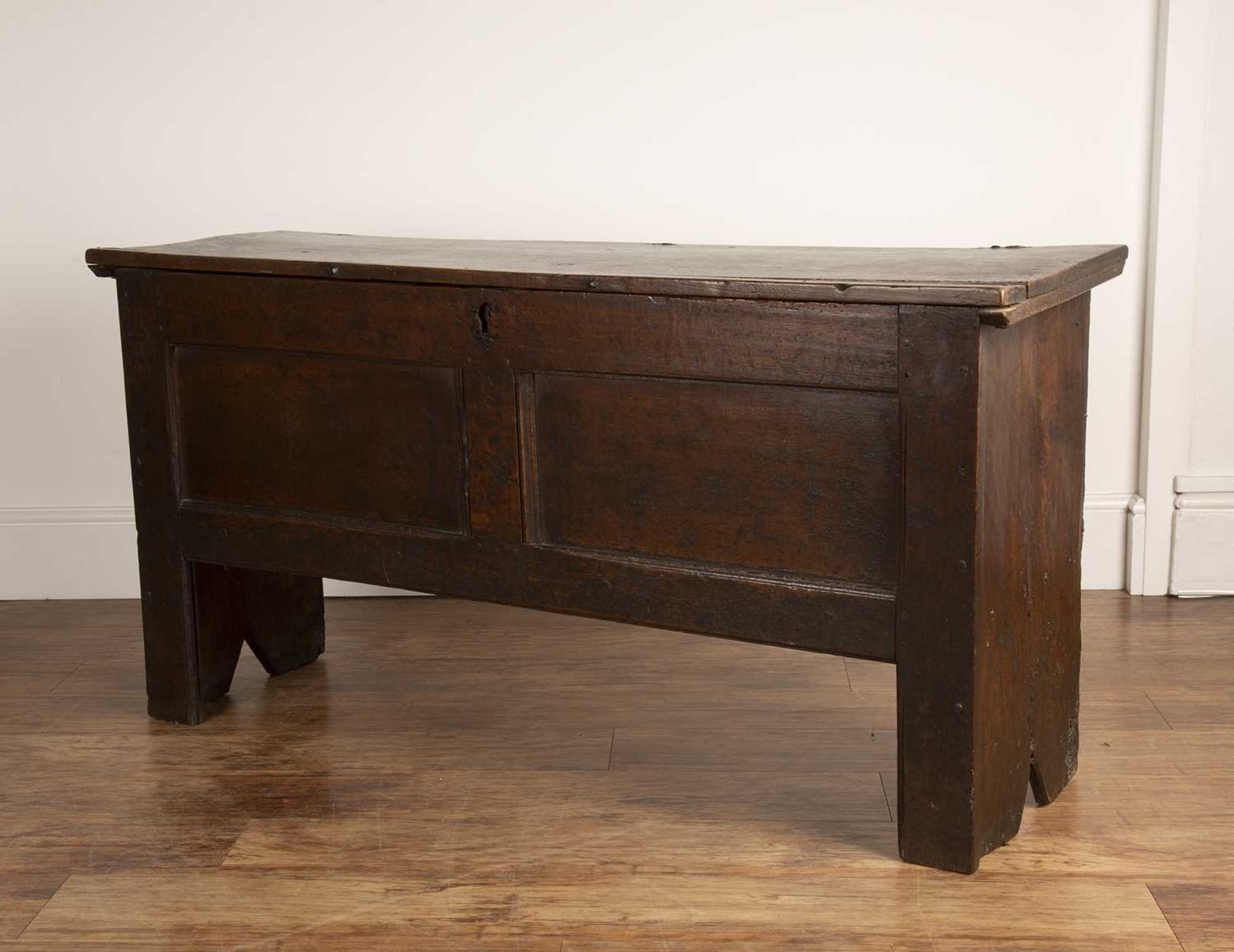 Oak coffer late 17th Century, with a plain double panel front and with iron hinges, 132.5cm wide x - Bild 3 aus 5