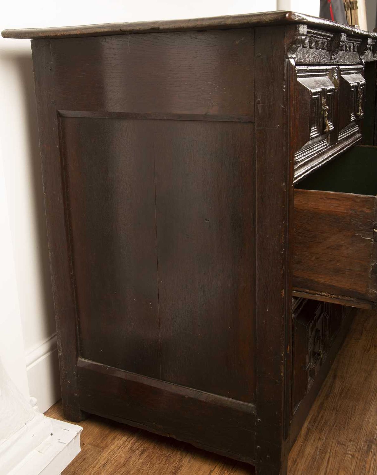 Moulded front dresser 17th/18th Century, fitted drawers and a central cupboard, with old brass - Image 4 of 5