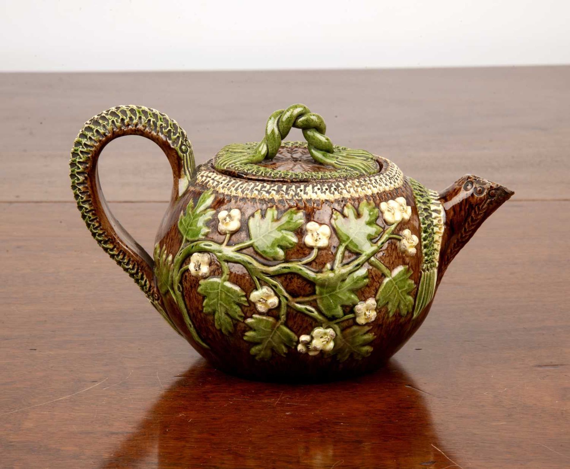 Rye pottery Bellevue hop ware teapot and cover 19th Century, decorated all over with a brown - Image 2 of 4