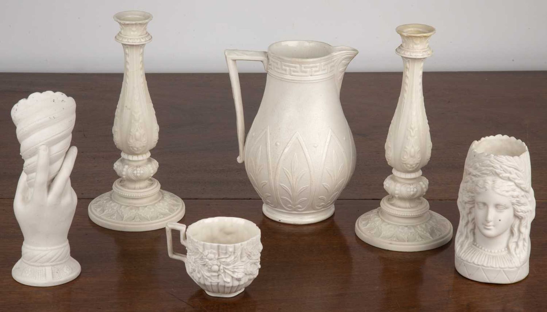 W R Cobridge saltglaze jug and a small group of parian ware including a pair of Copeland - Image 2 of 3