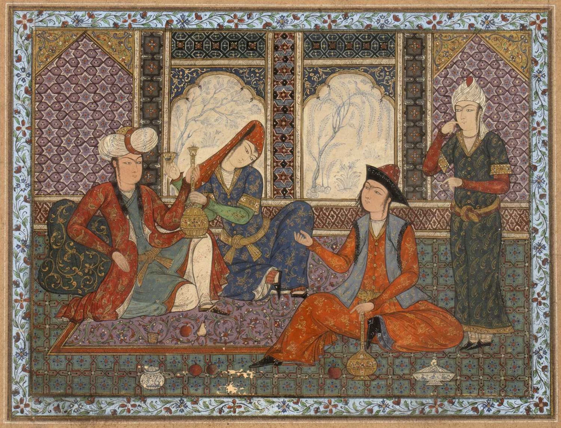 Safavid style painting Iranian, depicting lovers drinking wine on a terrace with two attendants,