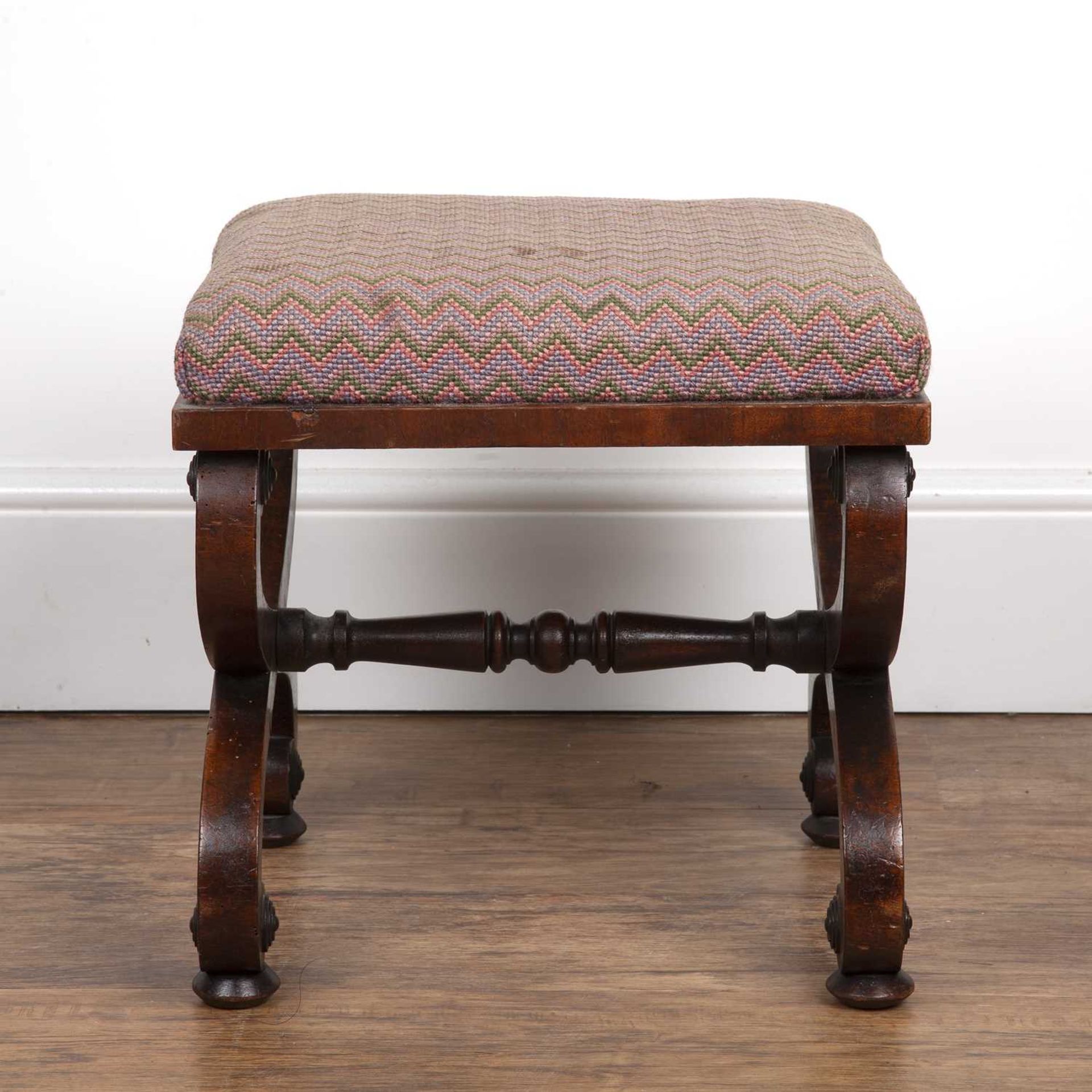 Mahogany 'X' frame stool 19th Century, with tapestry cover, 36cm x 40cm x 41cm highSome wear, marks, - Image 3 of 4