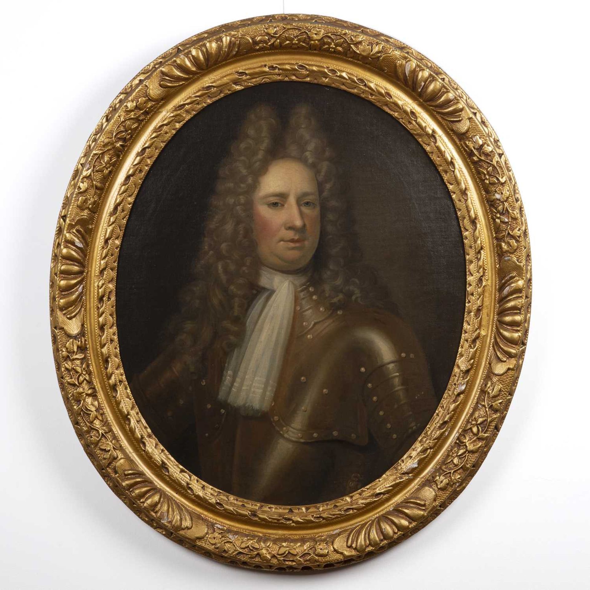 After Godfrey Kneller (1646-1723) Oval portrait of a nobleman wearing armour and a lace neckerchief, - Image 2 of 3