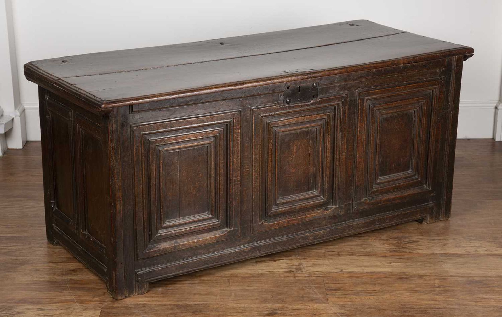 Oak moulded front coffer 17th Century, with three panels to the front and plain lift up top, 140cm x - Image 2 of 5