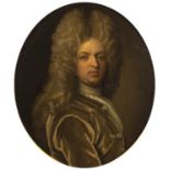 After Godfrey Kneller (1646-1723) Oval portrait of a nobleman wearing a green frockcoat, oil on