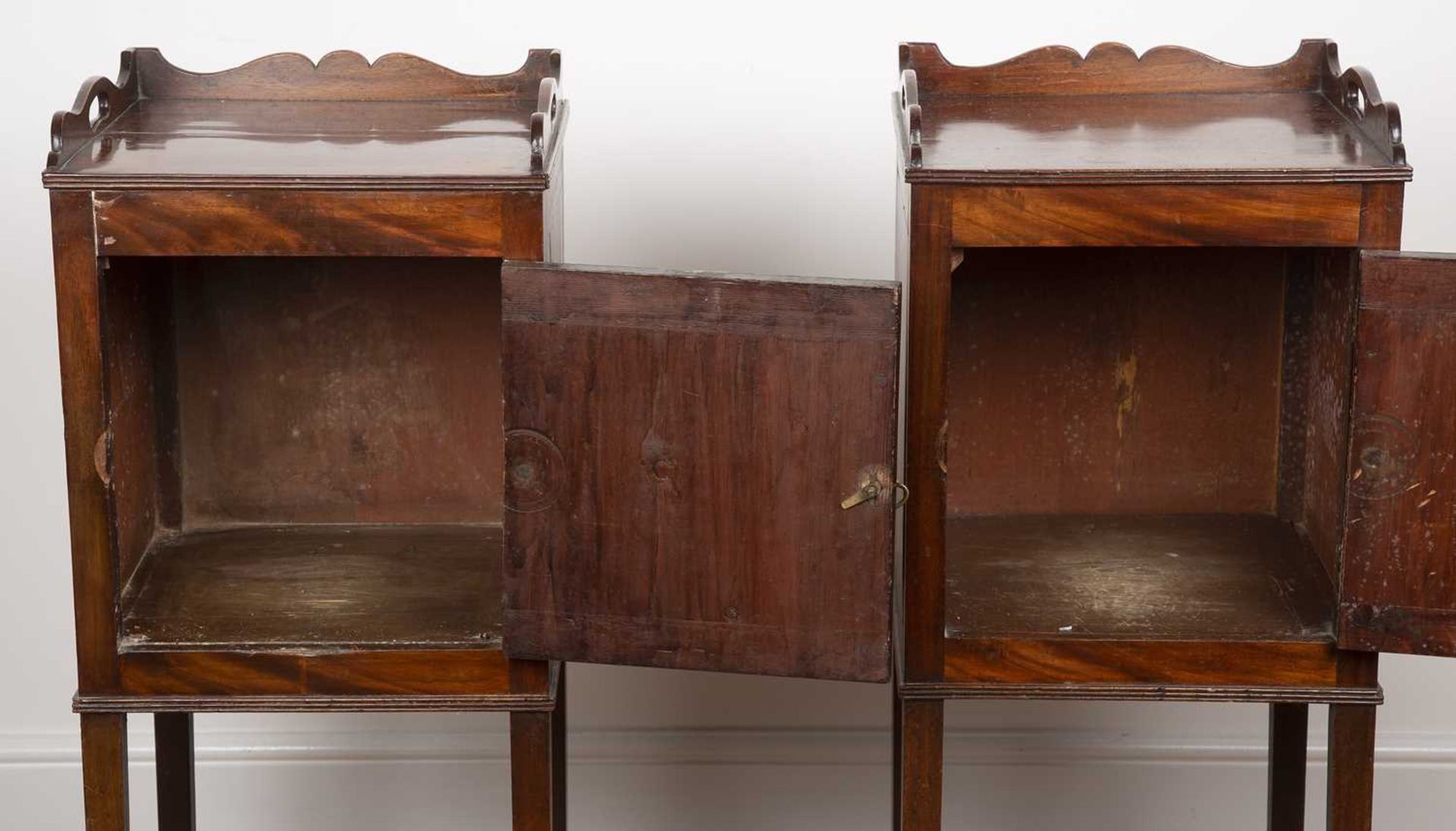 Pair of mahogany and inlaid tray top bedside cupboards 19th Century, each with a panel door with - Image 2 of 4