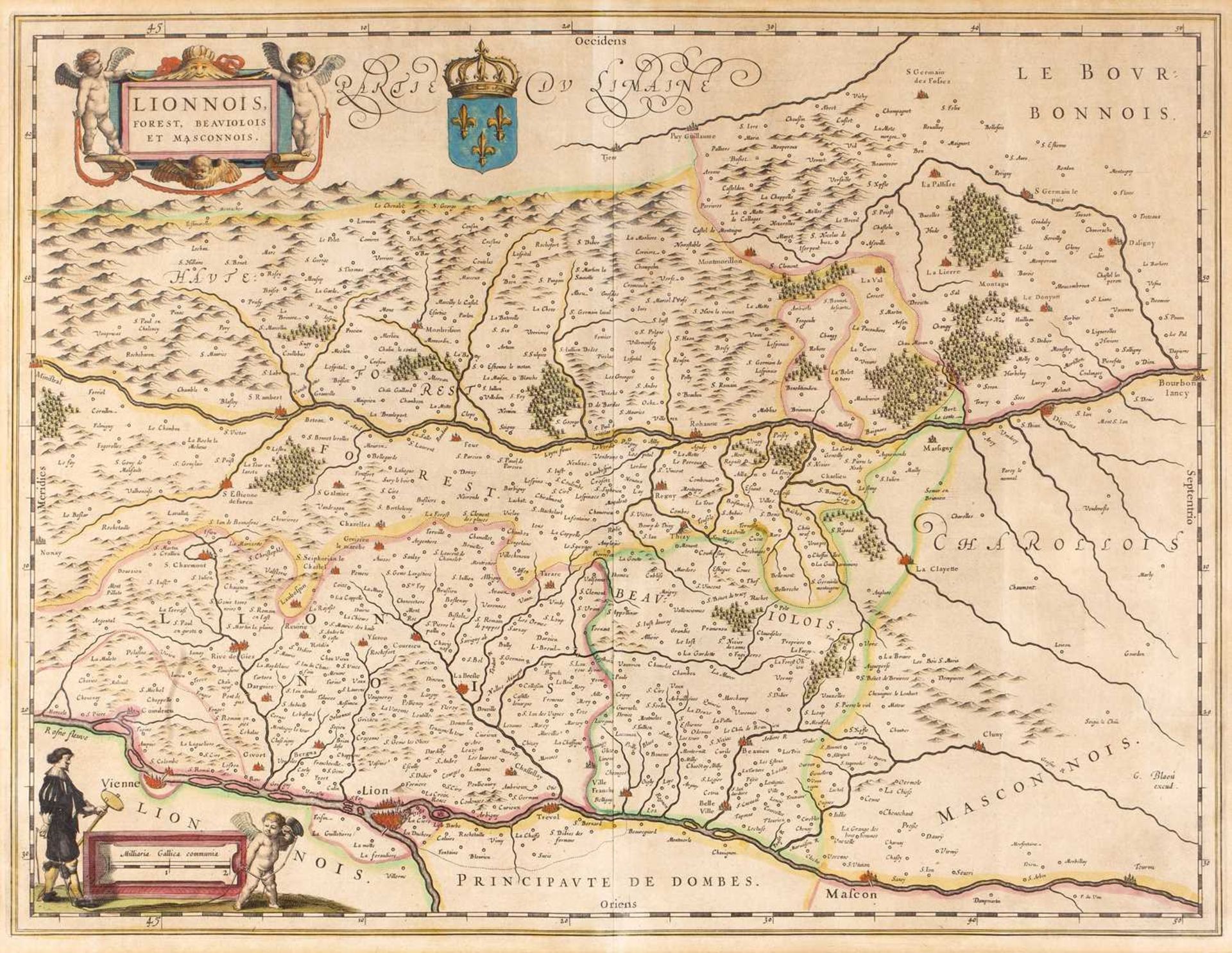 Map of Lionnois Forest, Beaviolois, et Masconnois, hand coloured, 40cm x 51cmSome discolouring. Note