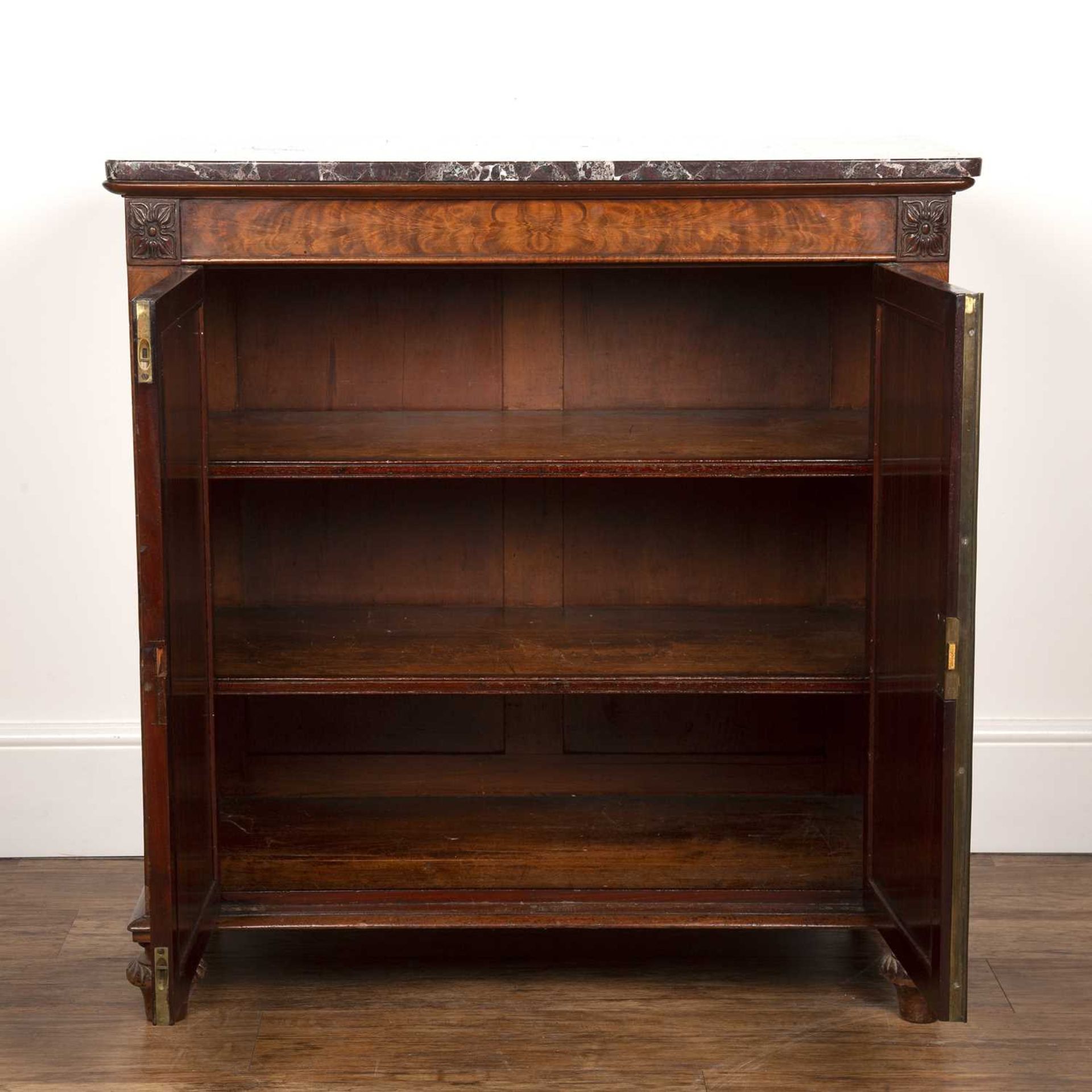 Mahogany and marble top side cabinet 19th Century, with enclosed brass grille doors and carved - Image 2 of 6