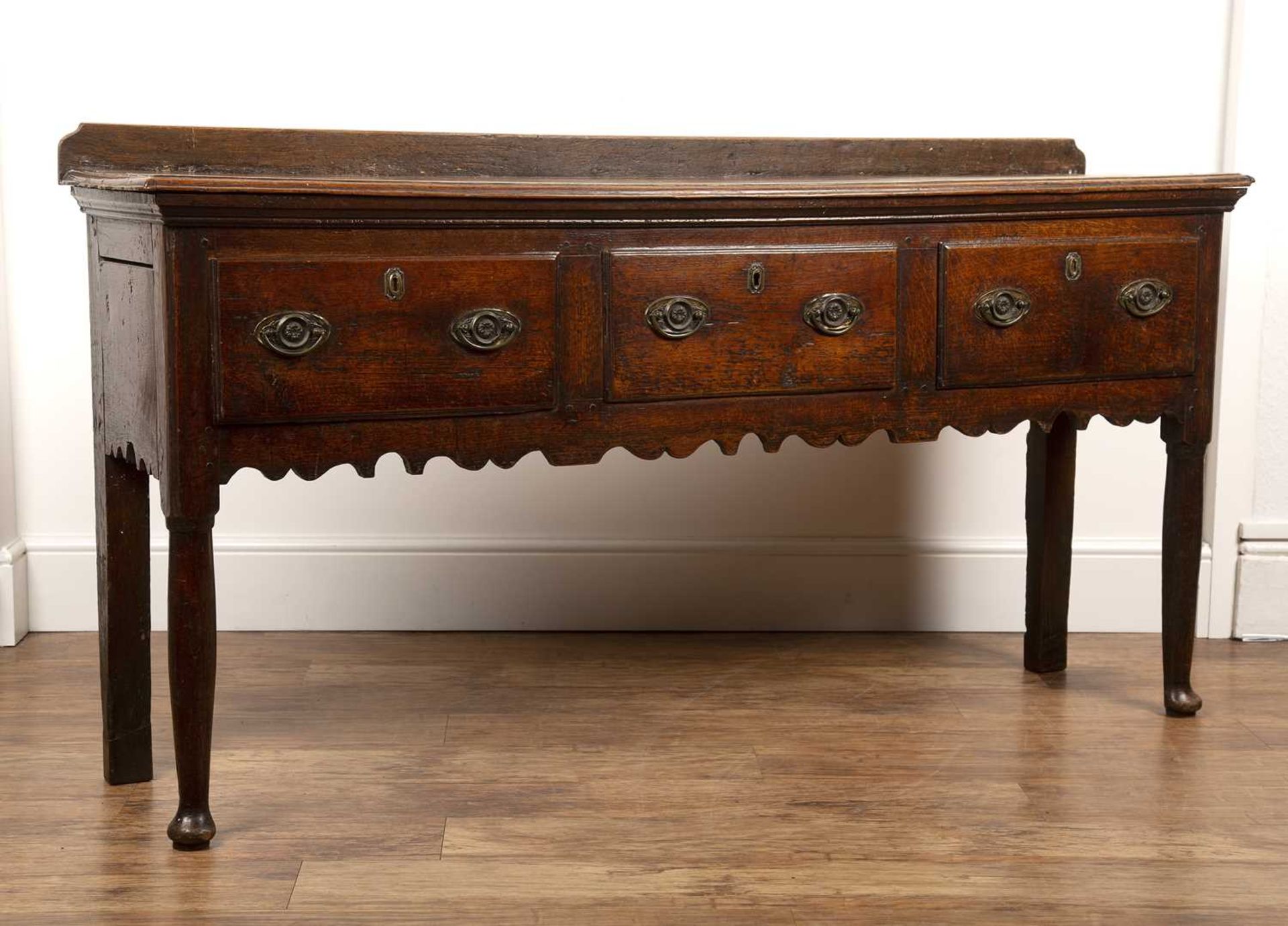 Oak dresser base early 19th Century, fitted with three drawers, on raised pad feet, 169cm wide x - Image 3 of 4