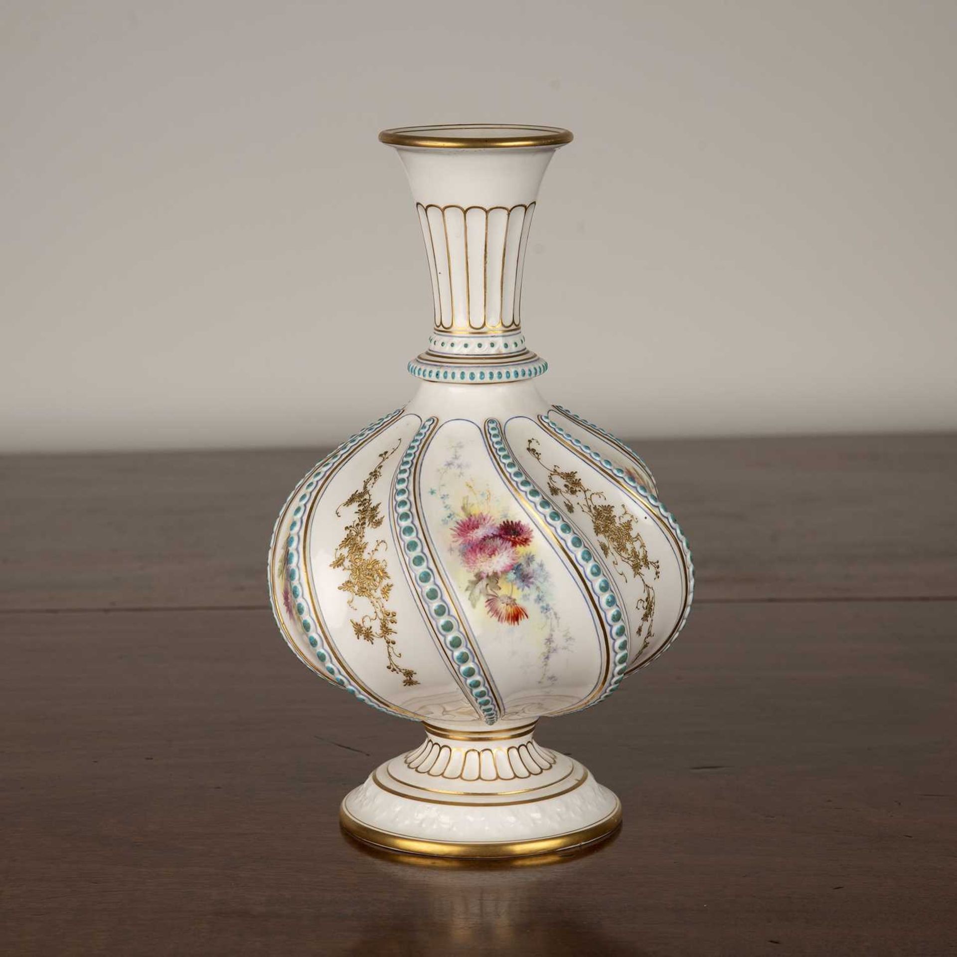 Royal Worcester porcelain vase the body of wrythen form decorated with handpainted flowers and - Image 2 of 3