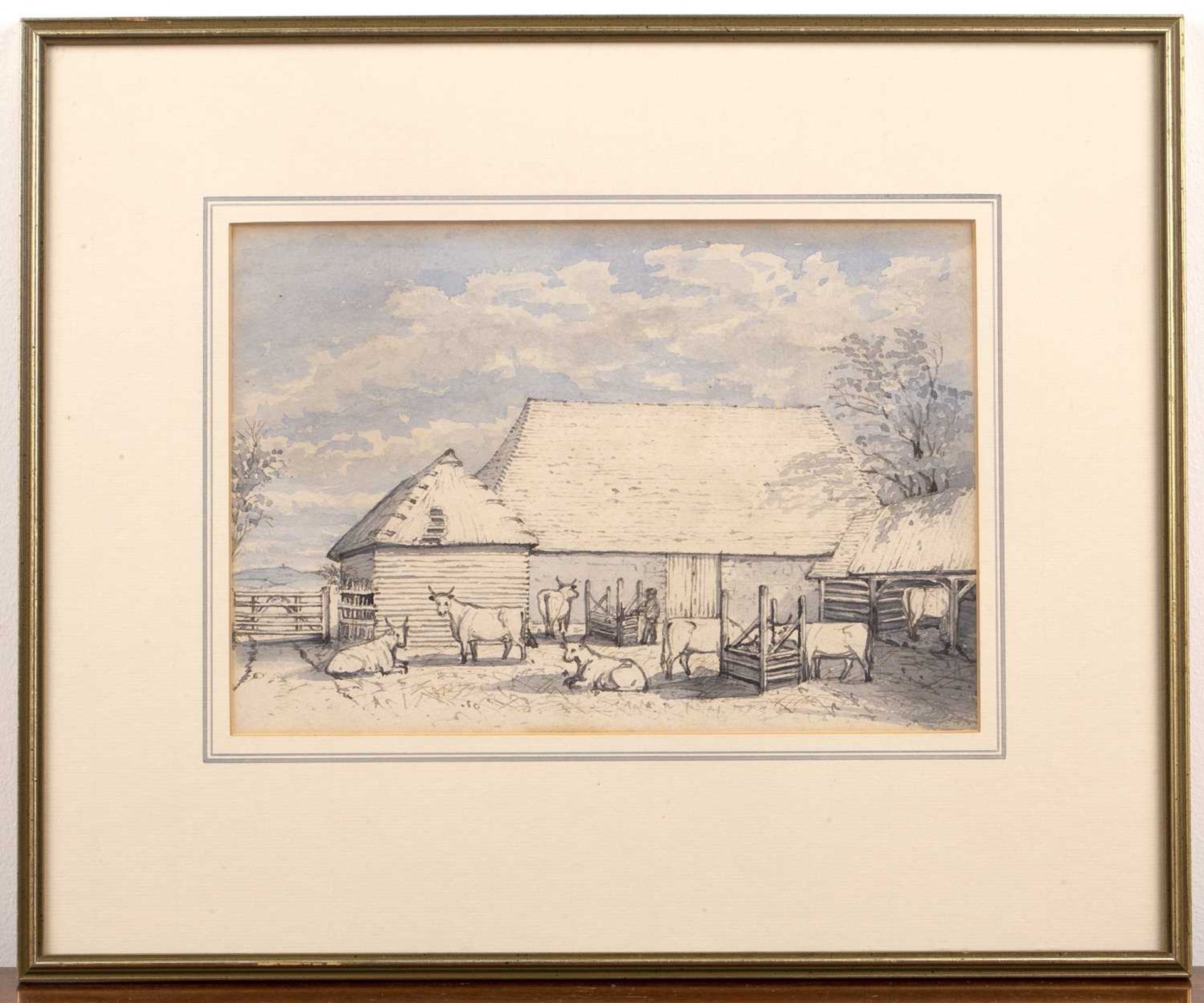 J Price of Dulford (fl 1850-1880) A farmyard scene, pen, ink and watercolour wash, 17cm x 25cm, - Image 2 of 5