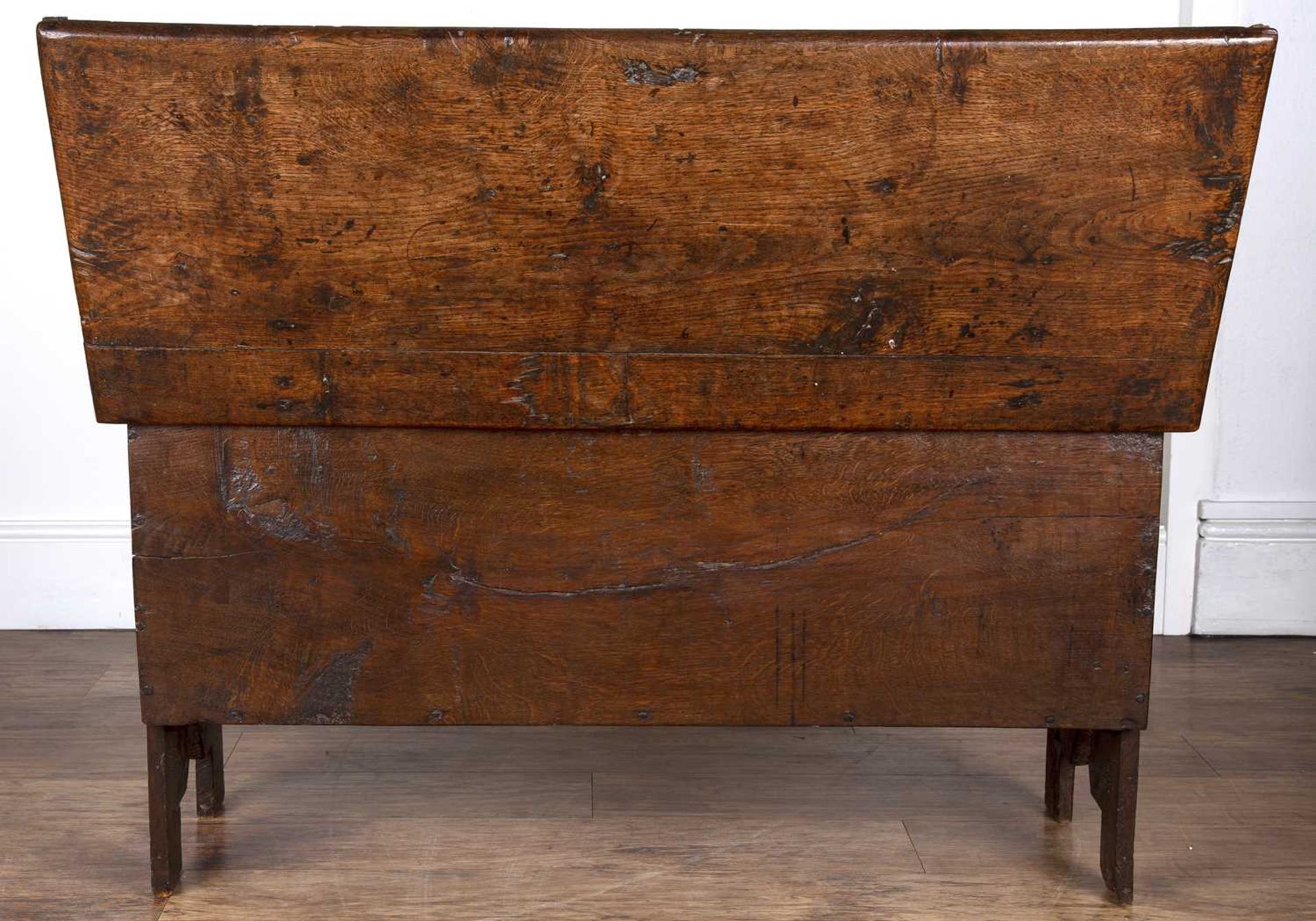 Six plank oak coffer late 17th Century, with iron hinges, 107cm long x 40cm deep x 57cm high Good - Image 5 of 5