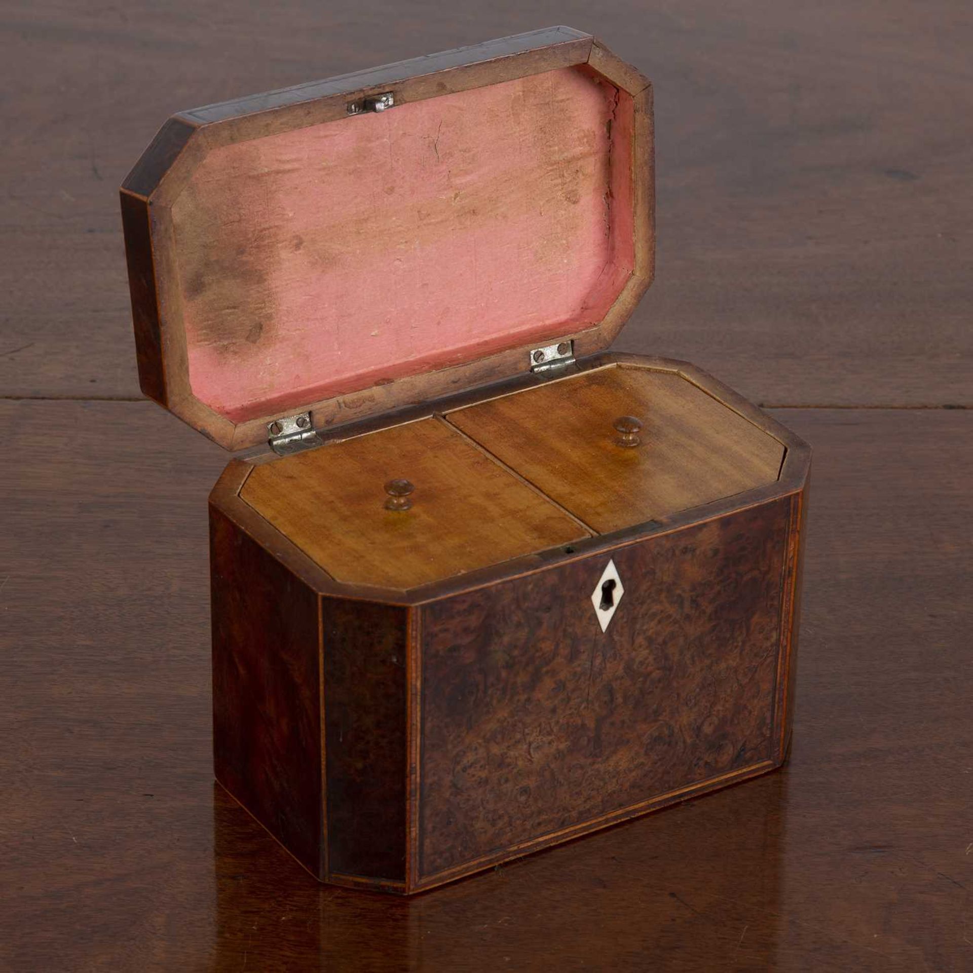 Yewood and burr Yew wood tea caddy 19th Century, with canted corners and box wood inlay, ivory - Image 2 of 6