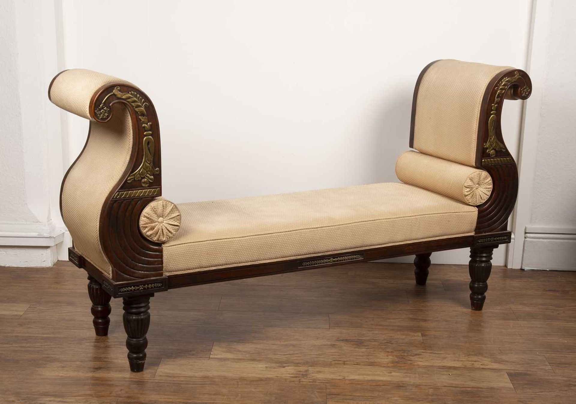 Empire style mahogany and parcel gilt large window seat with scroll arms on reeded supports with - Image 2 of 3