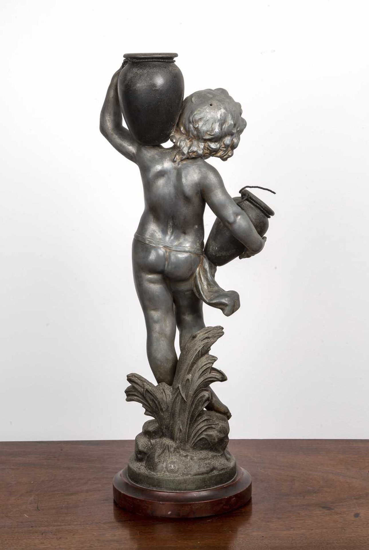 After Auguste Moreau (1834-1917) 'Le Ruisseau' metal figure on circular marble base with Paris - Image 2 of 4