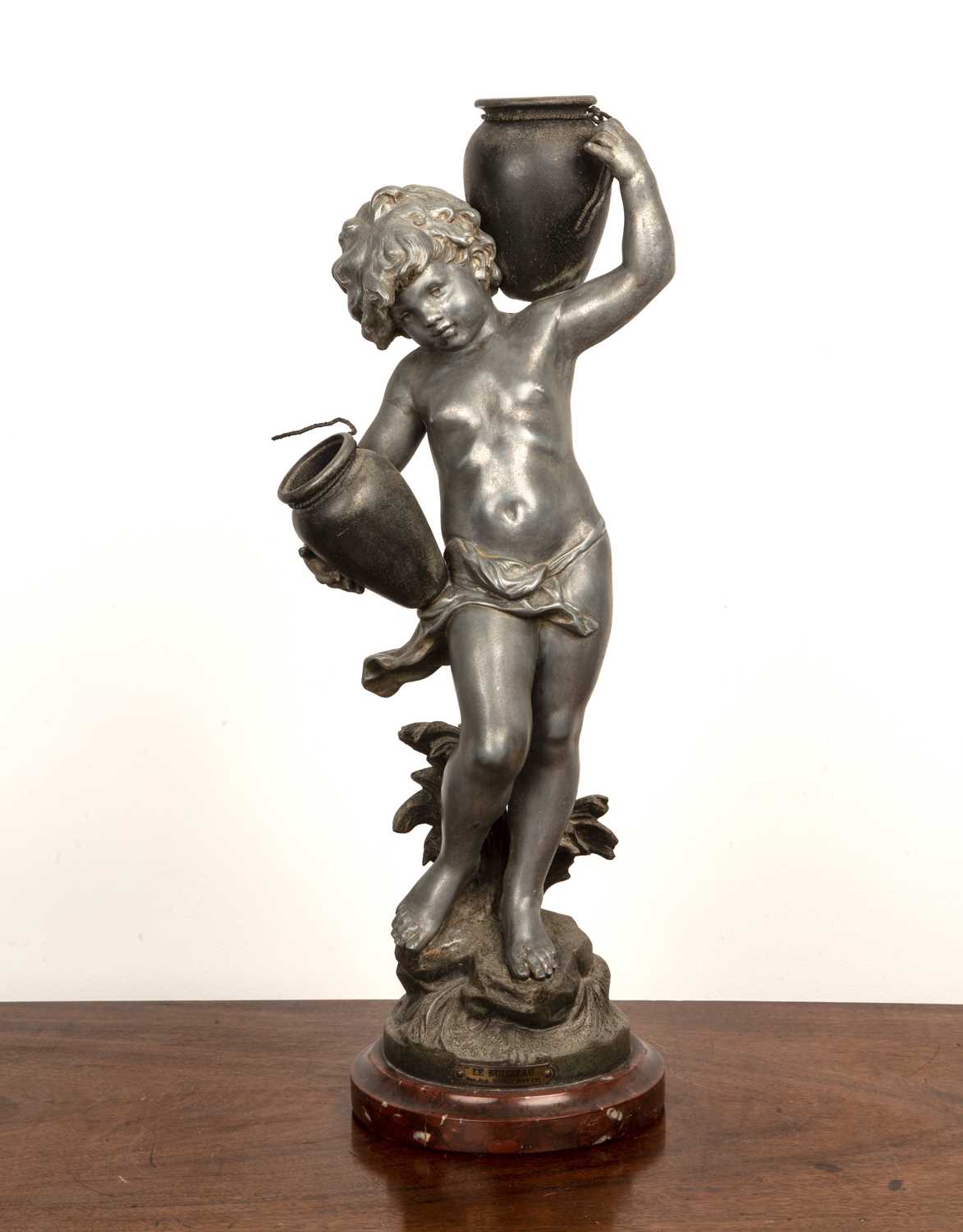 After Auguste Moreau (1834-1917) 'Le Ruisseau' metal figure on circular marble base with Paris